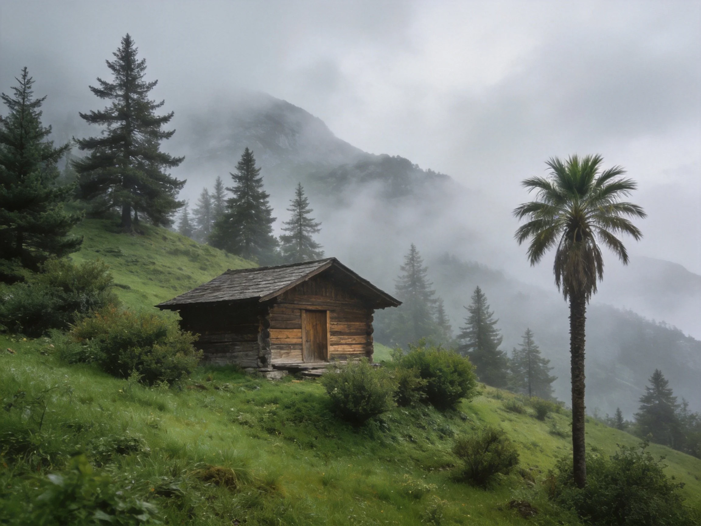 A weathered log cabin near misty mountains and diverse trees