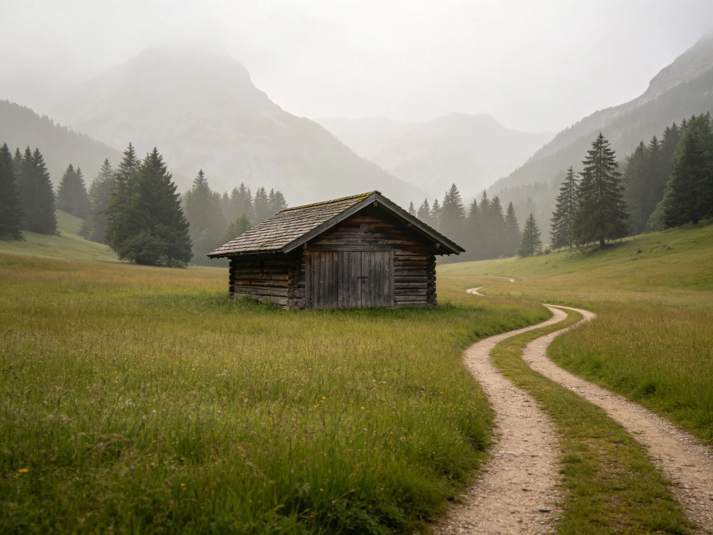 A weathered log cabin sits in a misty mountain meadow with winding dirt paths