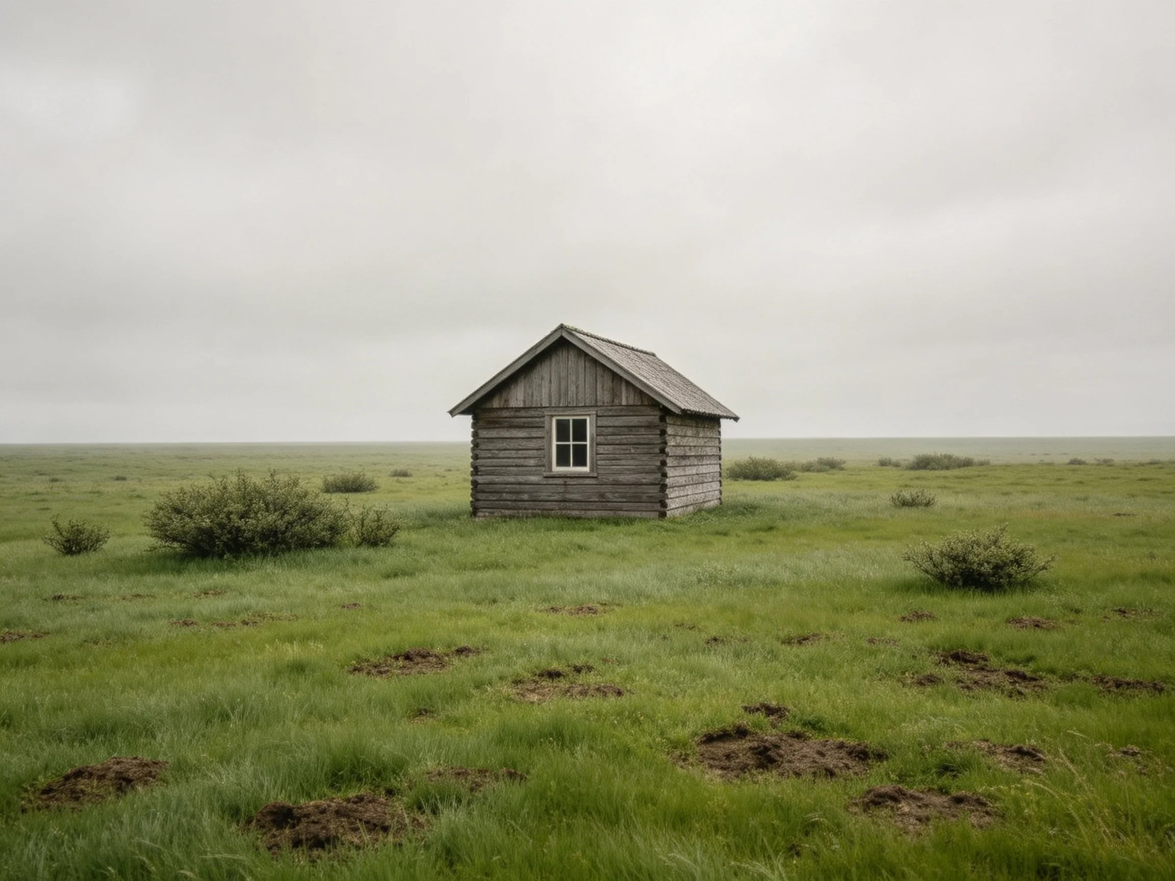 A weathered log cabin stands alone in an expansive green meadow under gray skies