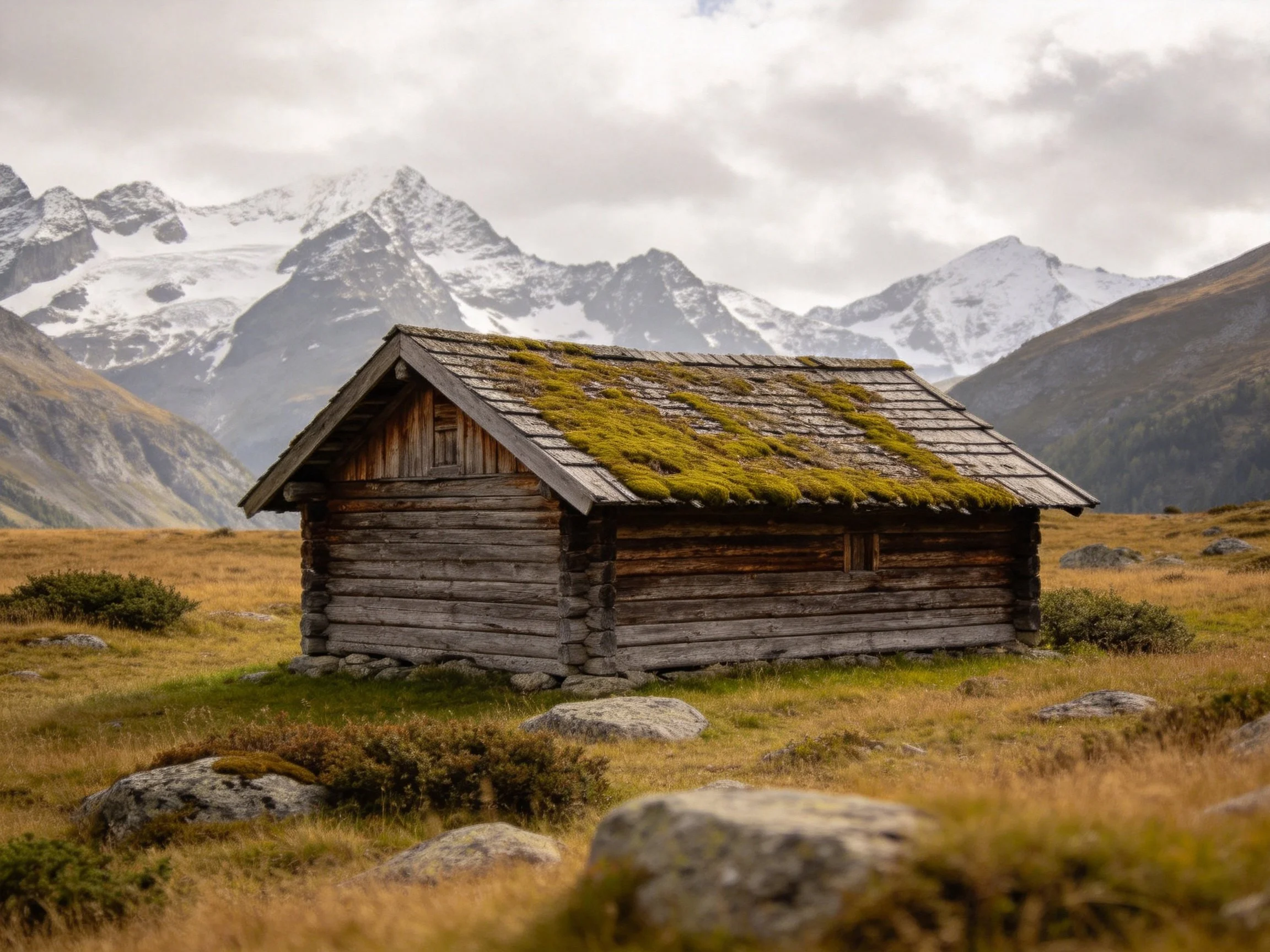 A weathered log cabin with mossy roof near snow-capped mountains