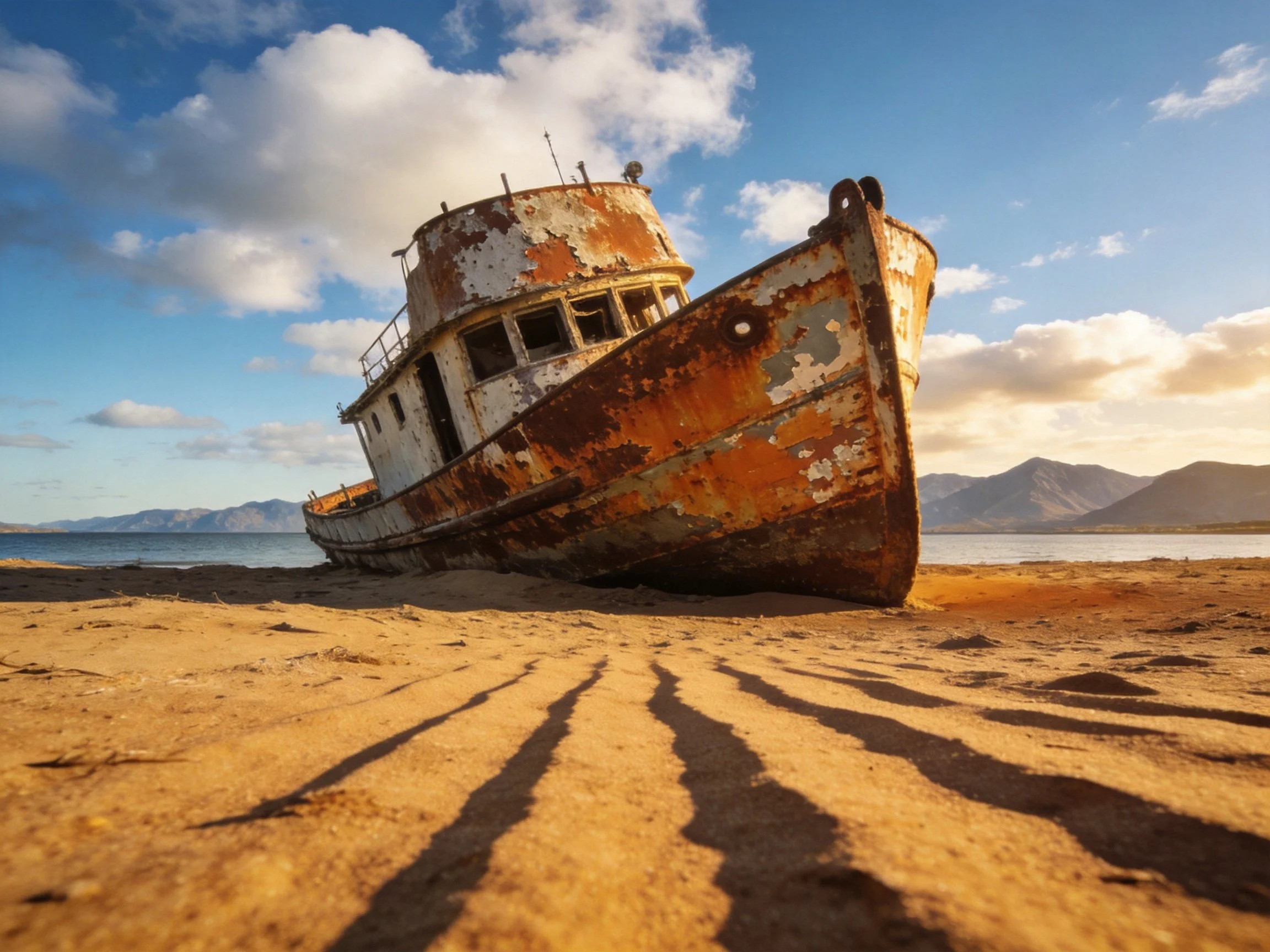 A weathered, rust-covered shipwreck rests on sandy shores