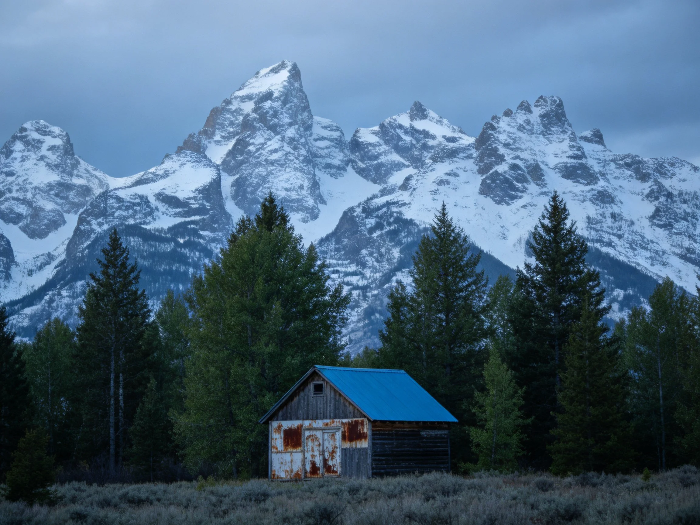 A weathered shed with blue roof near snow-capped peaks
