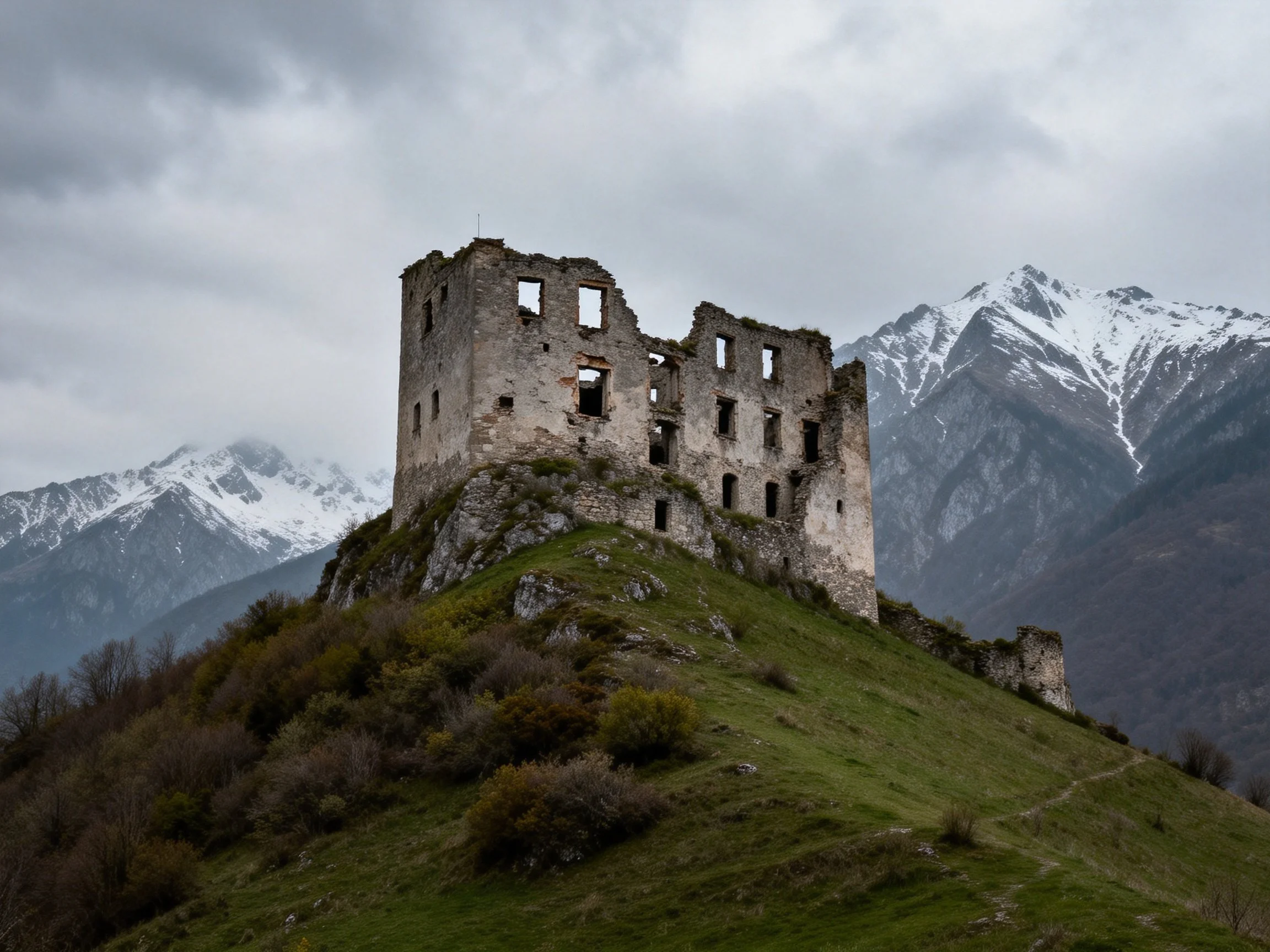 A weathered stone castle ruin atop a grassy hill with snow-capped mountains