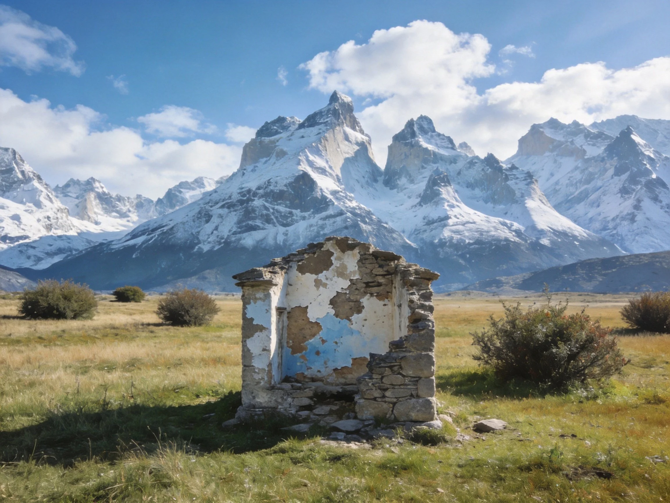 A weathered stone ruin near snow - capped mountain peaks