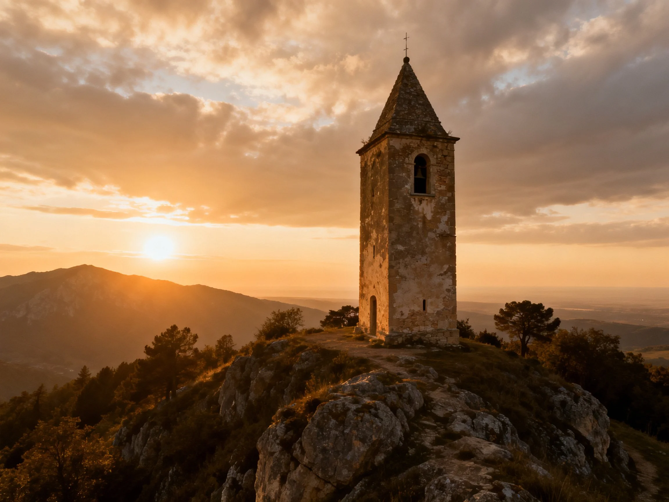 A weathered stone tower atop a rocky hill under golden sunset skies