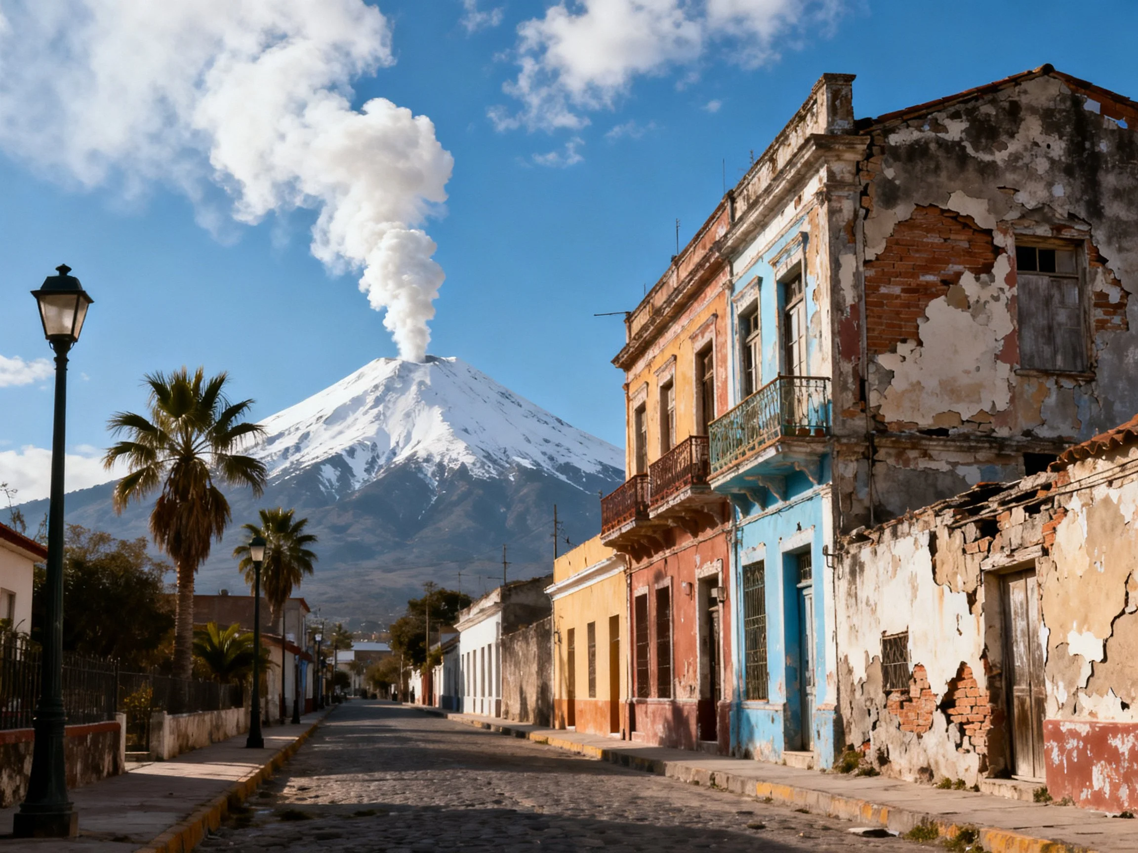 A weathered town street beside vibrant buildings and a smoking volcano