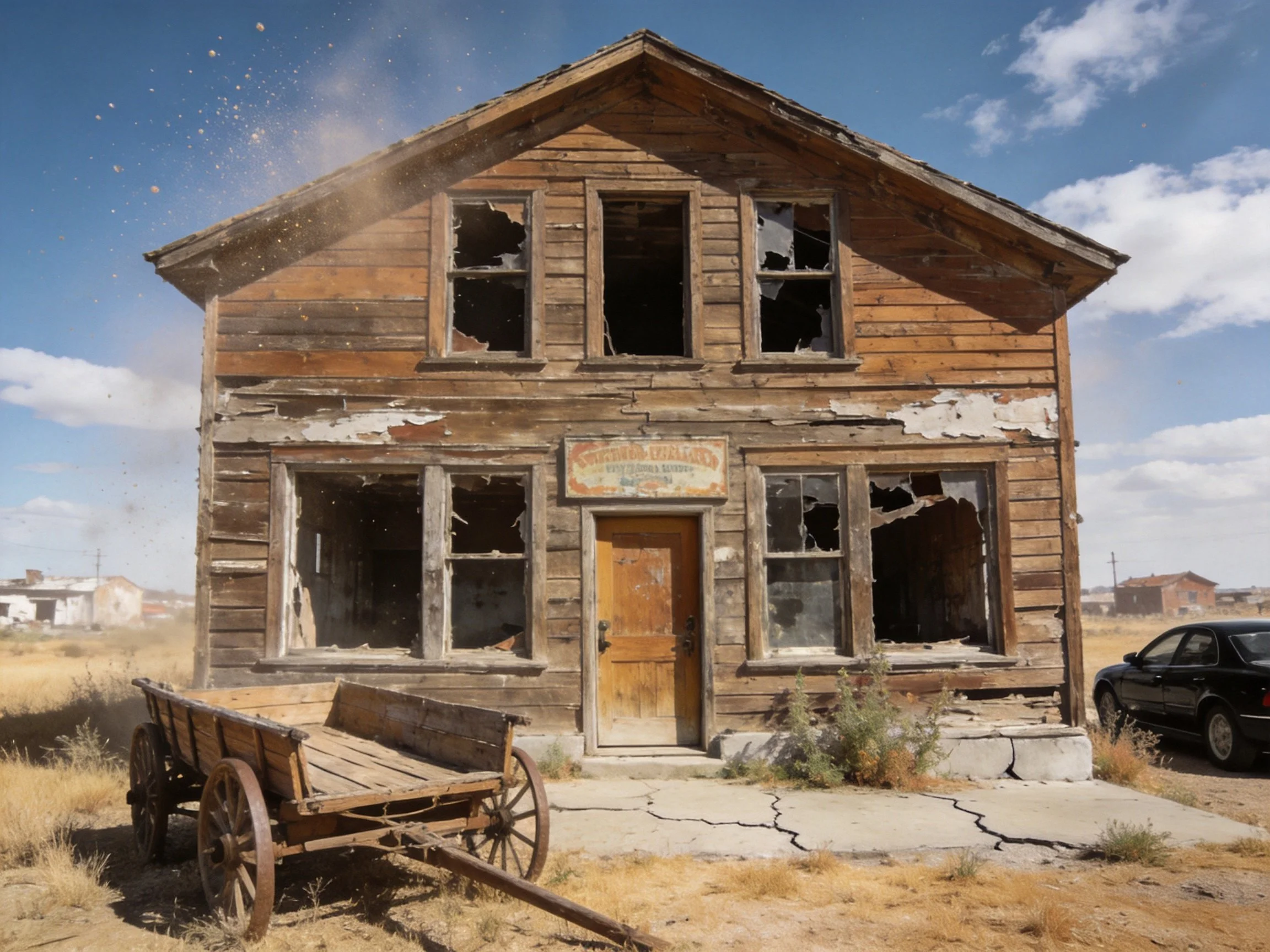 A weathered two - story wooden house with broken windows
