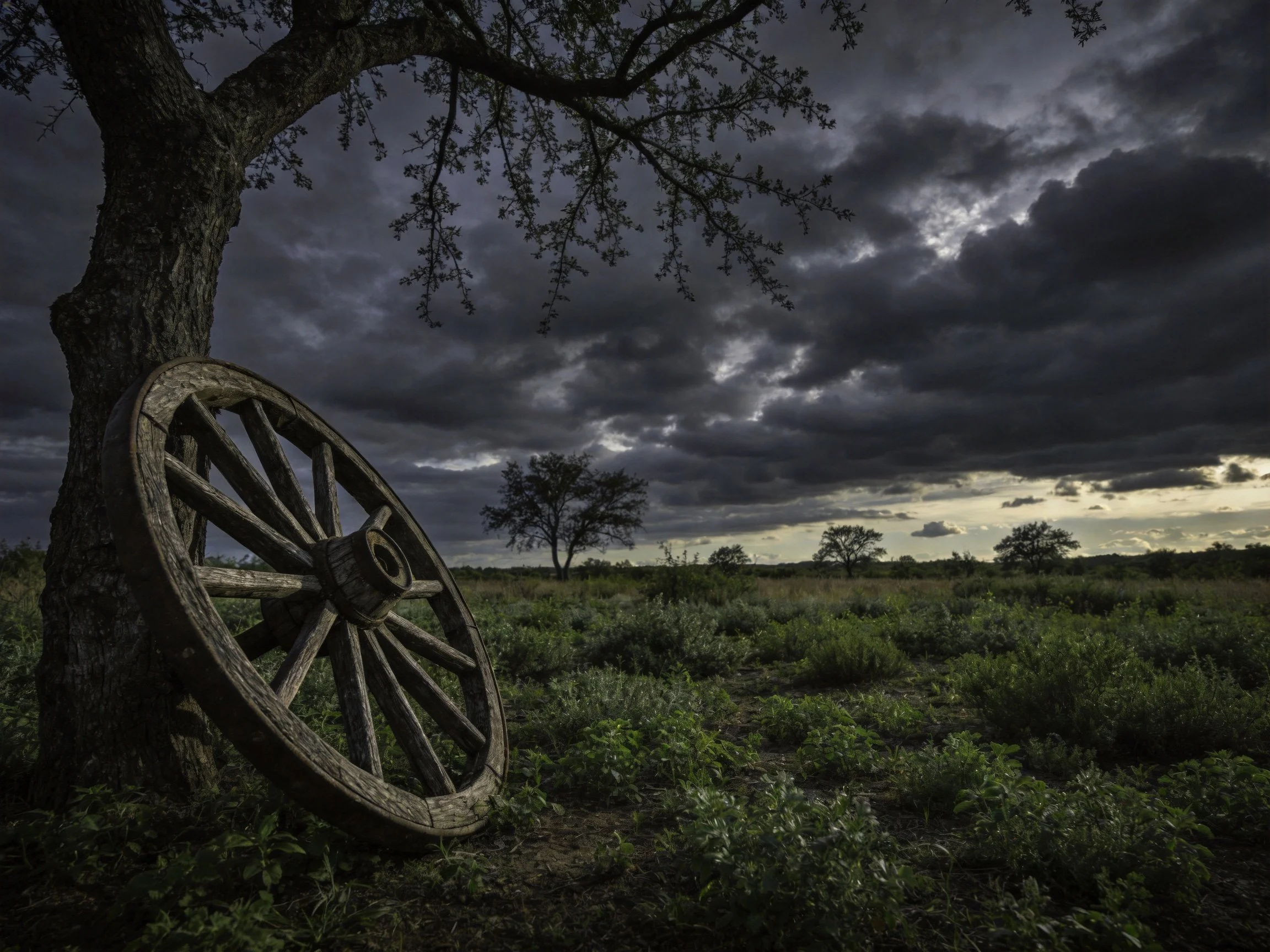 A weathered wagon wheel leans against an old tree under stormy skies