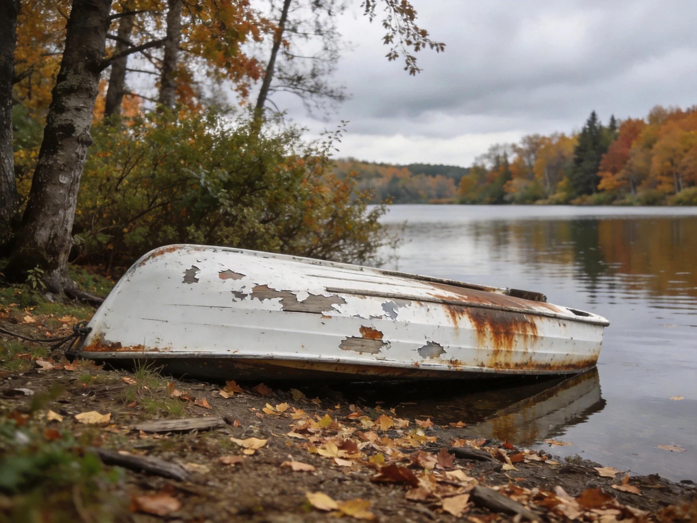 A weathered white boat rests by a calm autumn lake shore