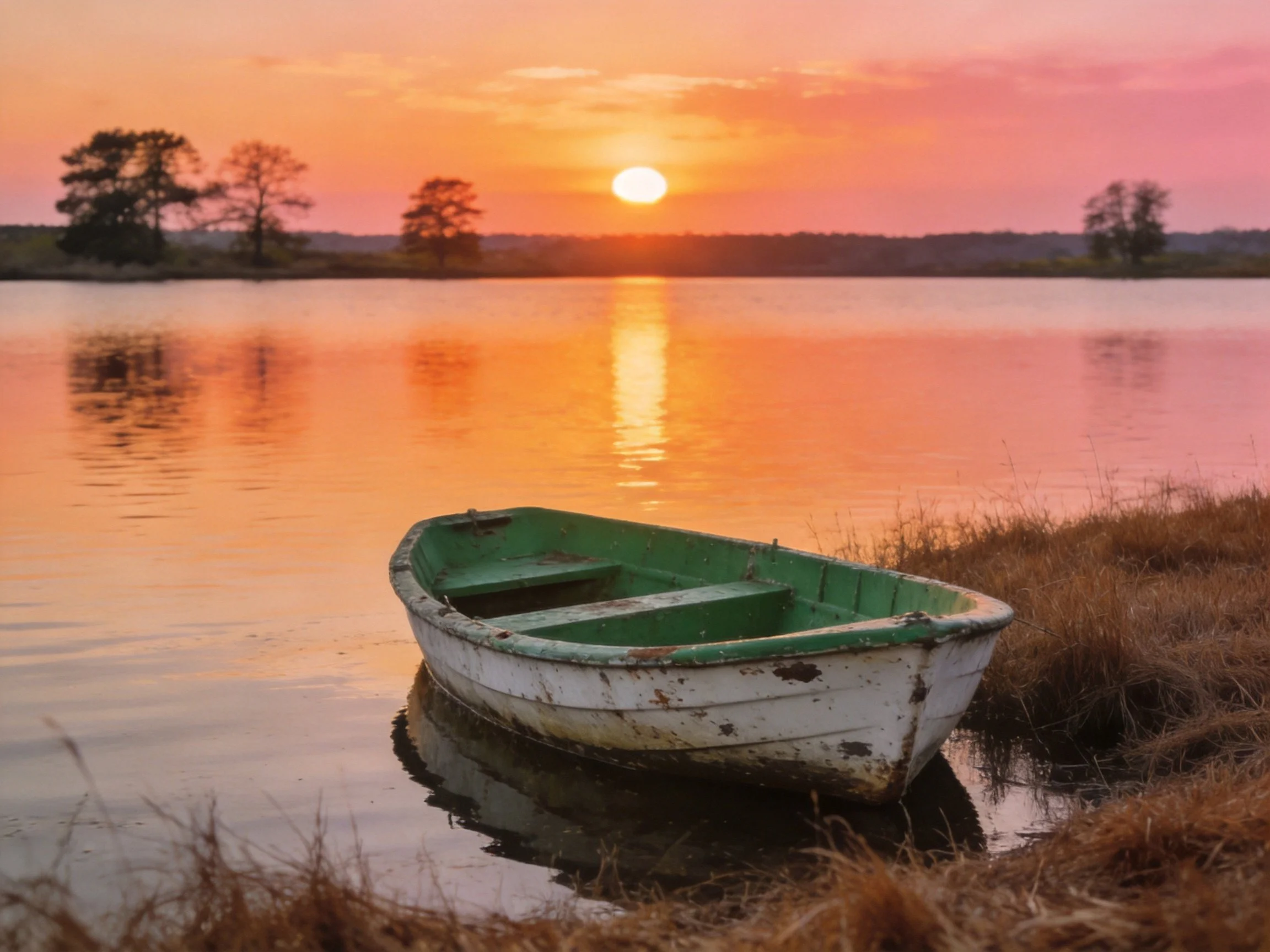A weathered white-green boat rests by calm water under vibrant sunset hues.