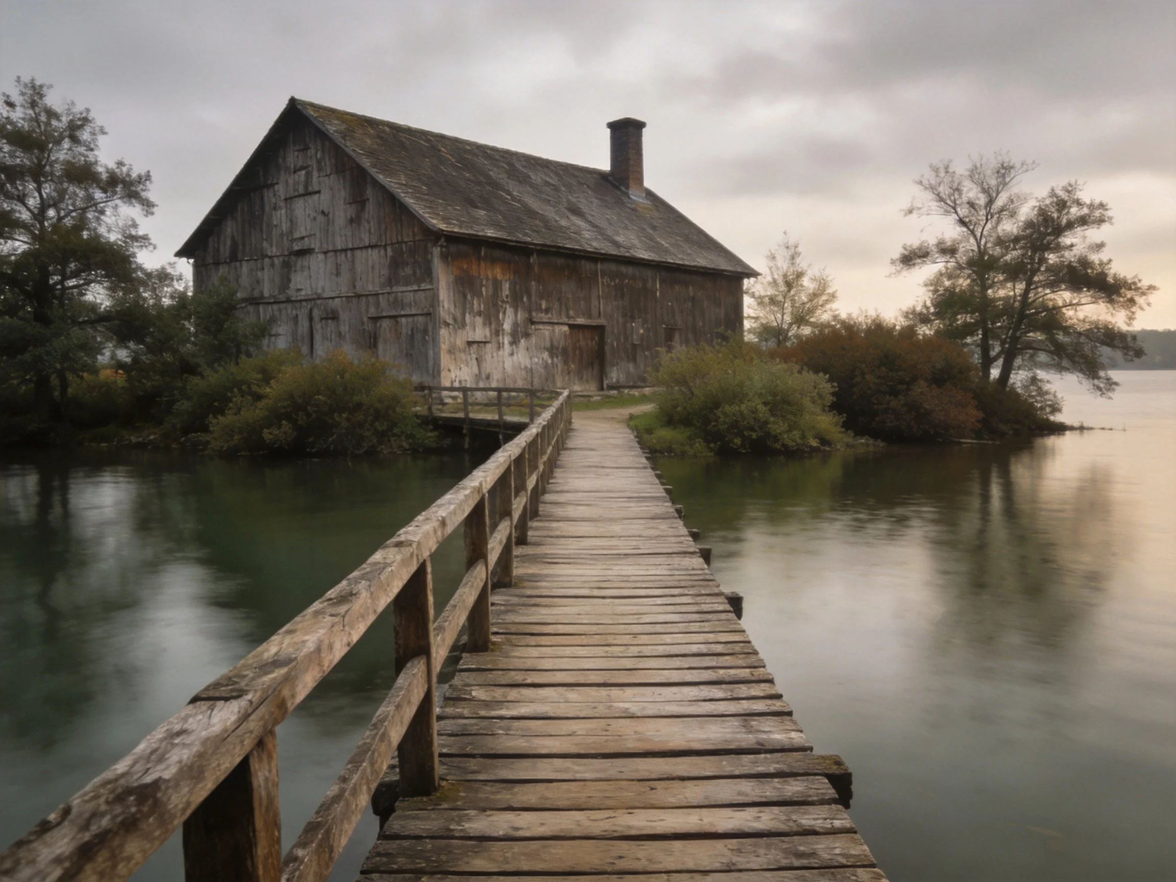 A weathered wooden barn near calm waters with a rustic bridge