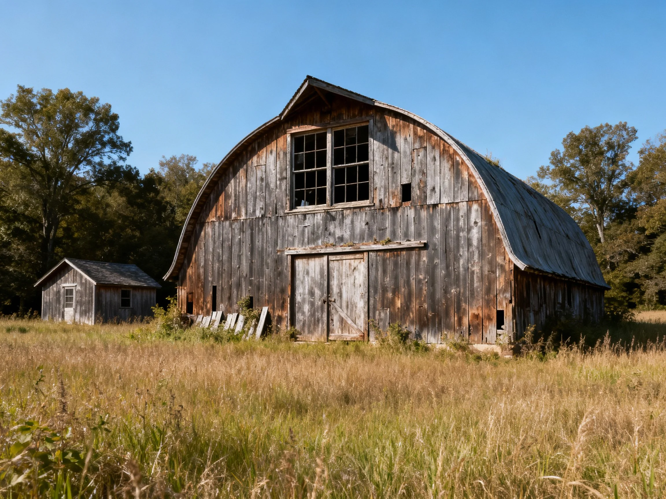 A weathered wooden barn stands amid tall golden grass