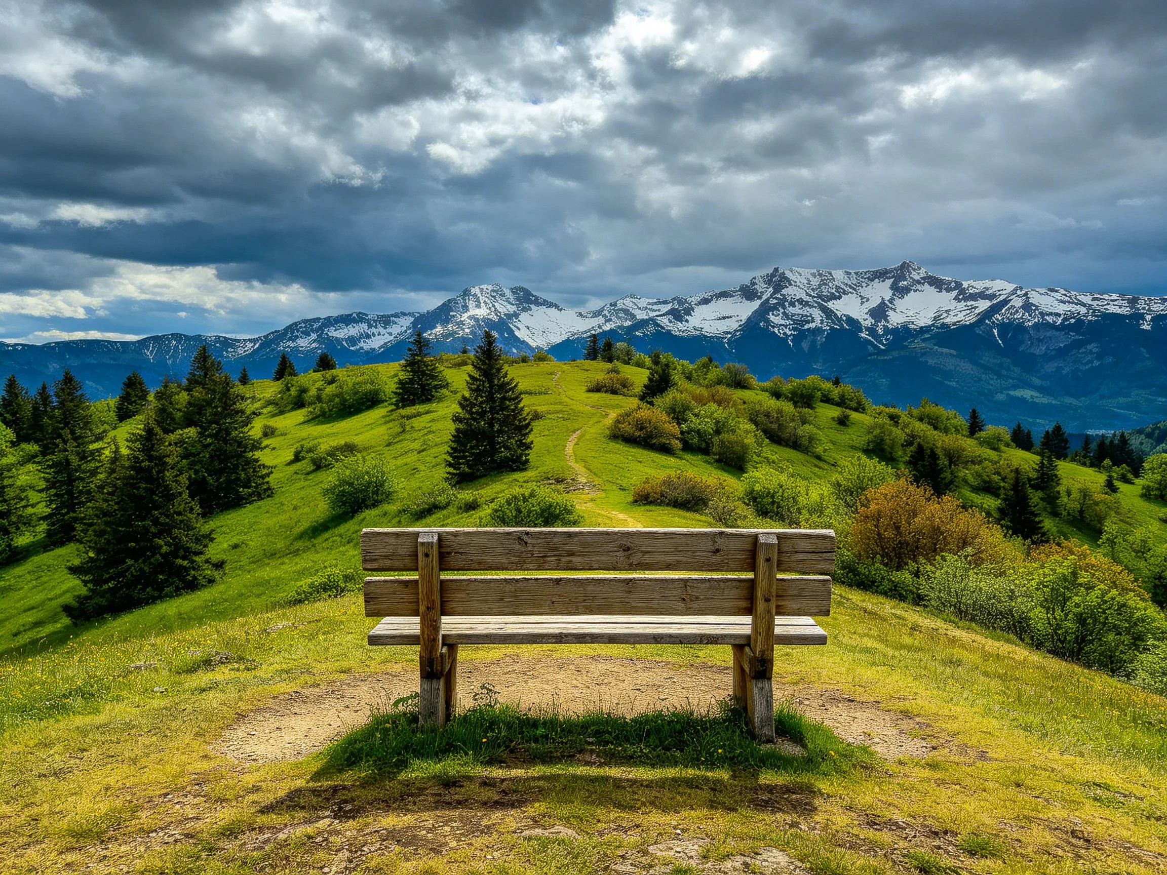 A weathered wooden bench overlooks lush green hills and snow-capped mountains under stormy clouds
