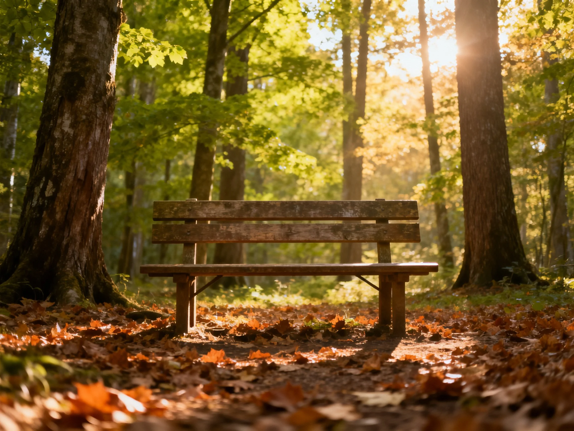 A weathered wooden bench sits amid autumn foliage in sun-dappled woods