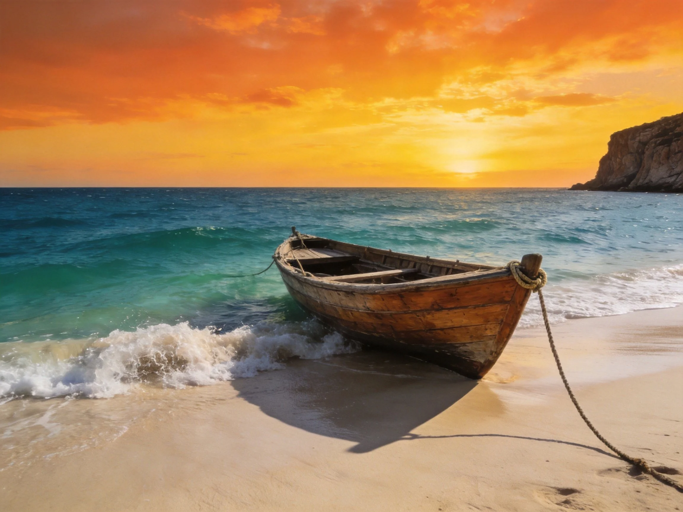 A weathered wooden boat rests on golden sand near turquoise waters under an orange sunset sky
