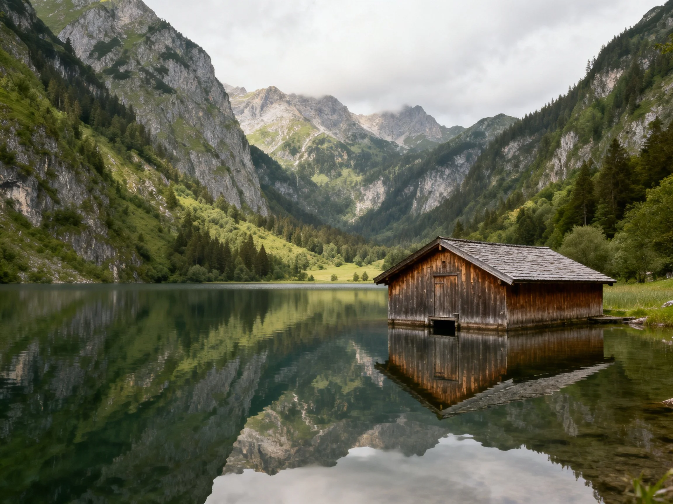 A weathered wooden boathouse floats on calm lake waters near green mountains