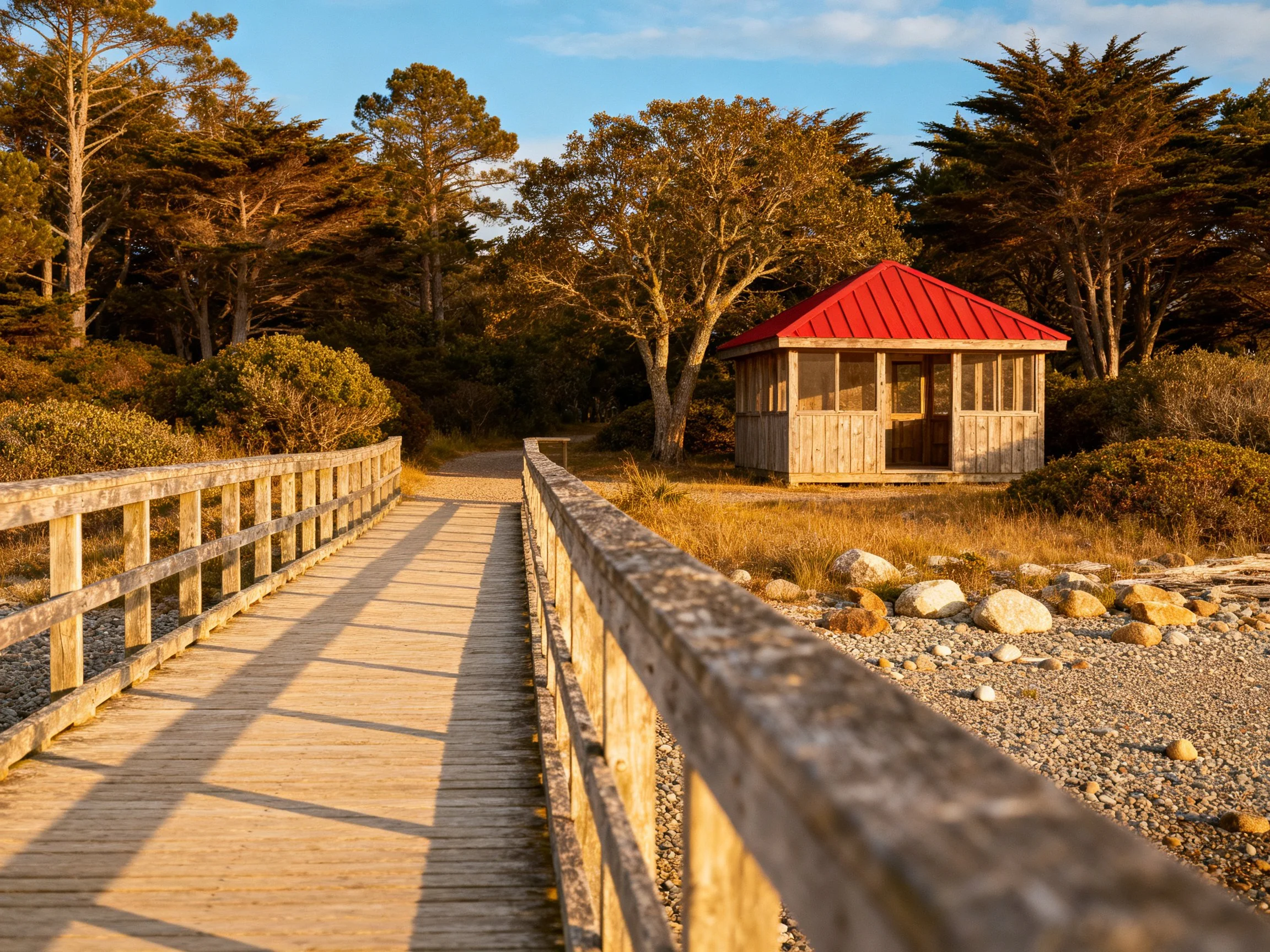 A weathered wooden bridge leads to a red-roofed cabin near tall trees