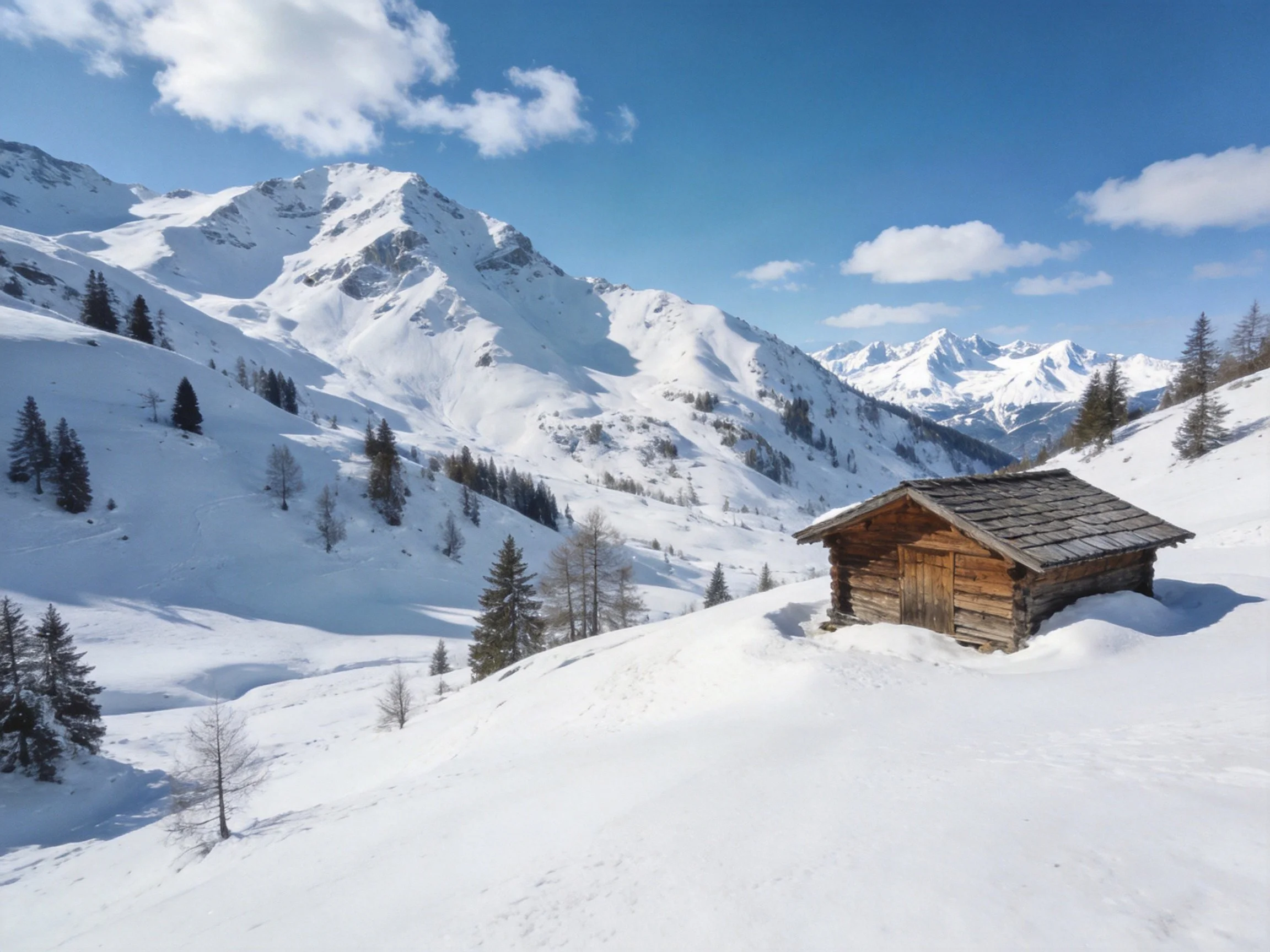 A weathered wooden cabin amid expansive snow-covered mountain slopes