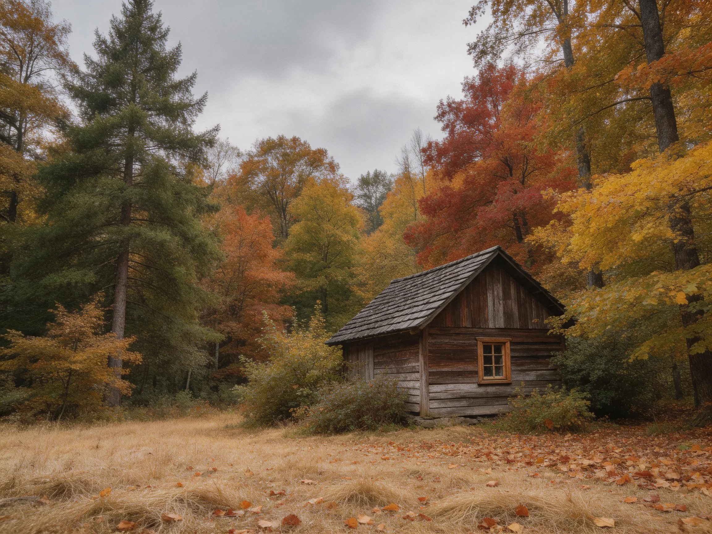 A weathered wooden cabin amid vibrant fall foliage in a wooded area