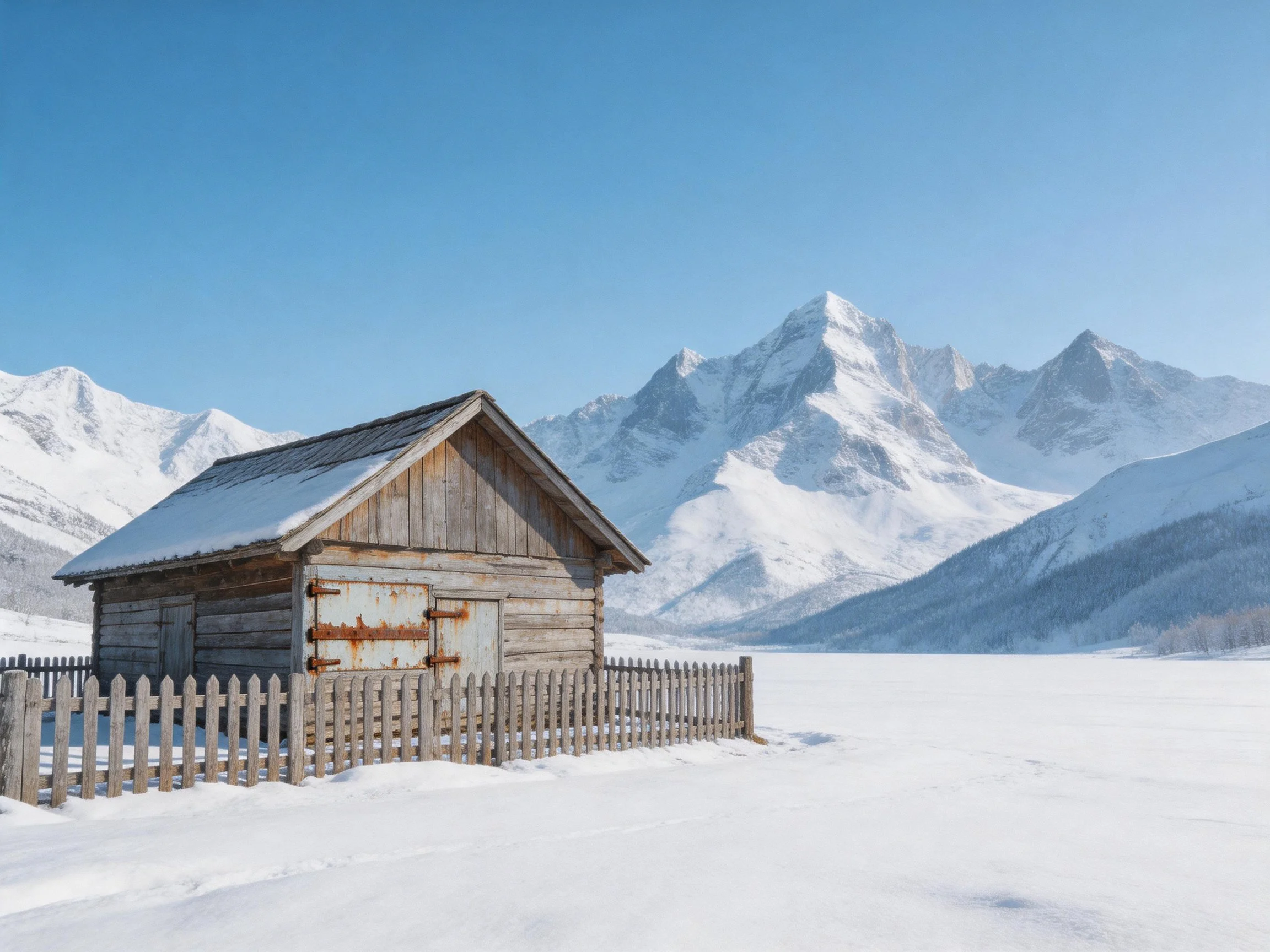 A weathered wooden cabin near snow - capped mountain peaks