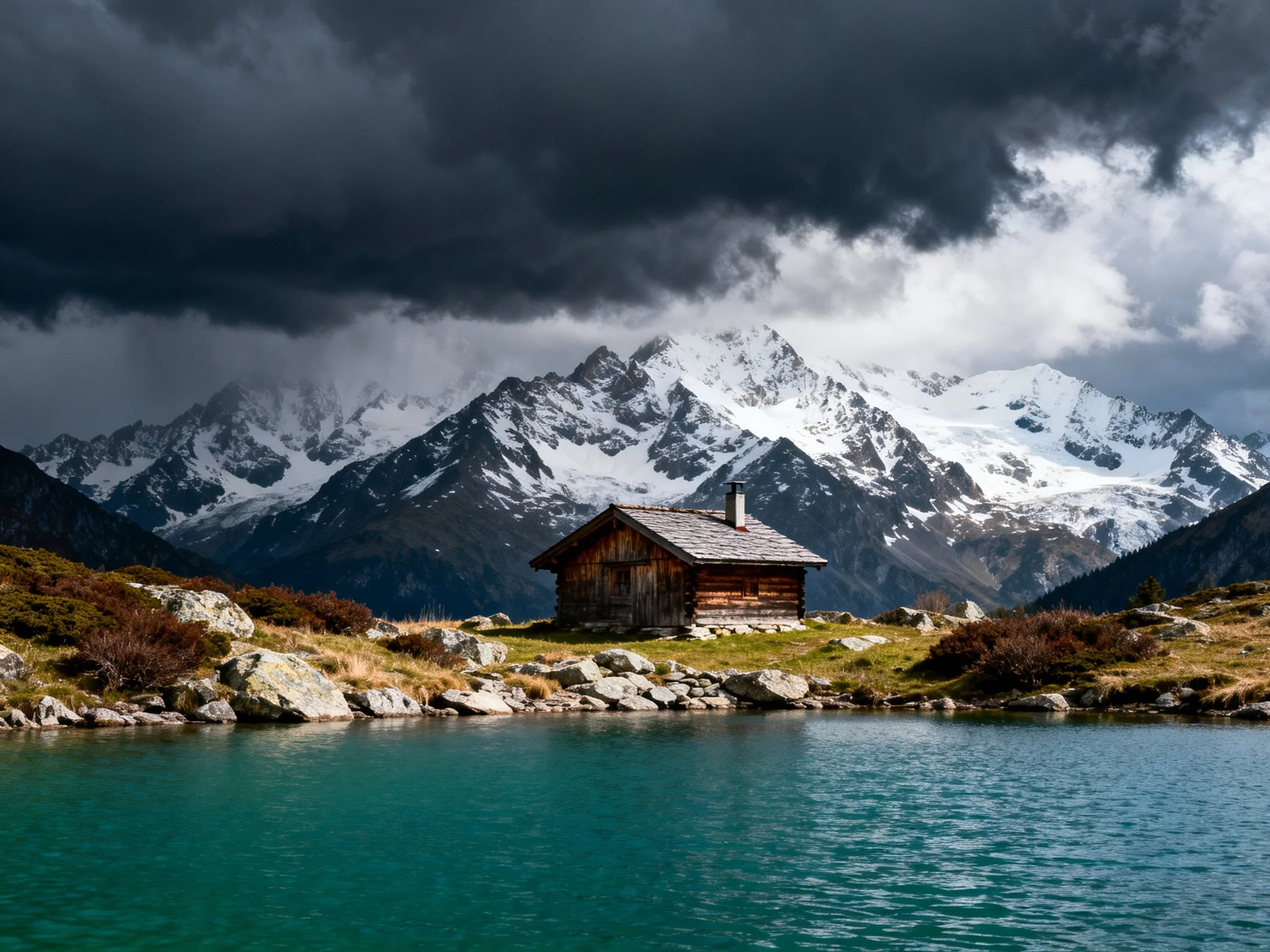 A weathered wooden cabin near turquoise waters under stormy mountain skies