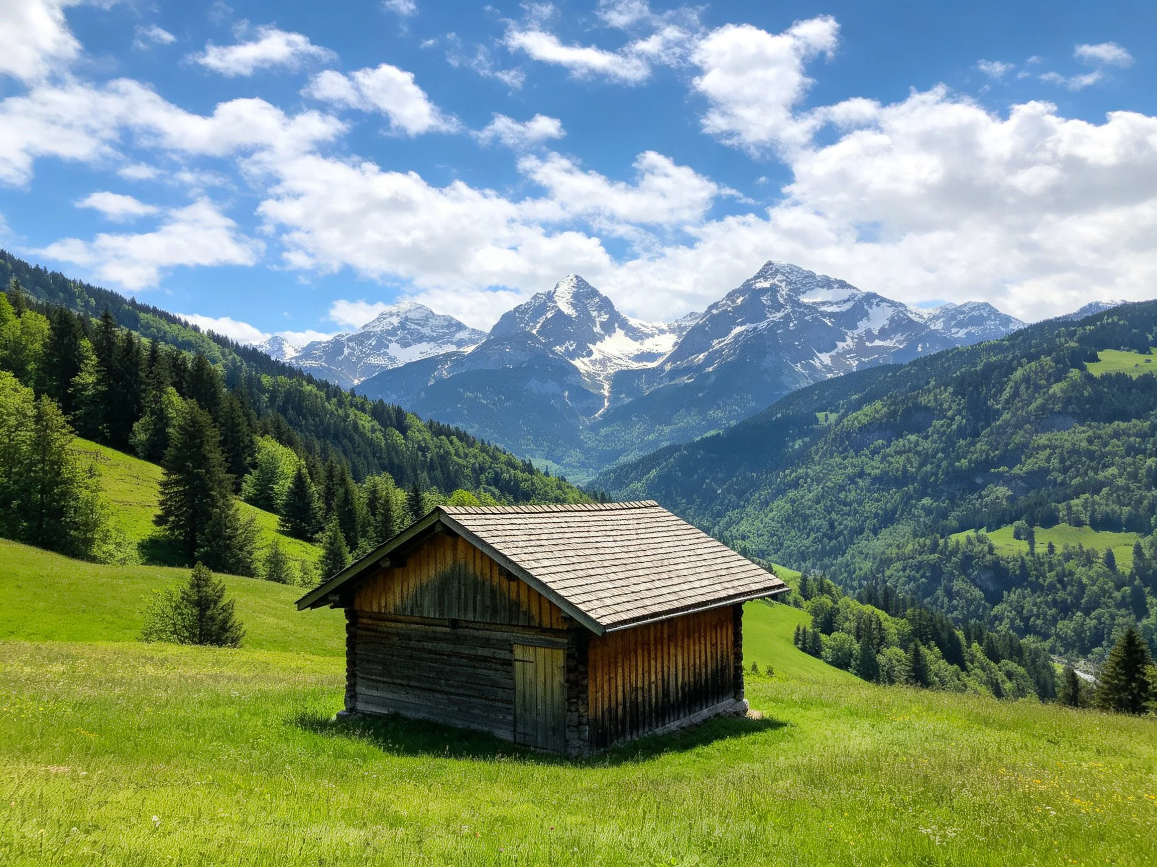 A weathered wooden cabin sits amid lush green meadows near snow-capped mountains
