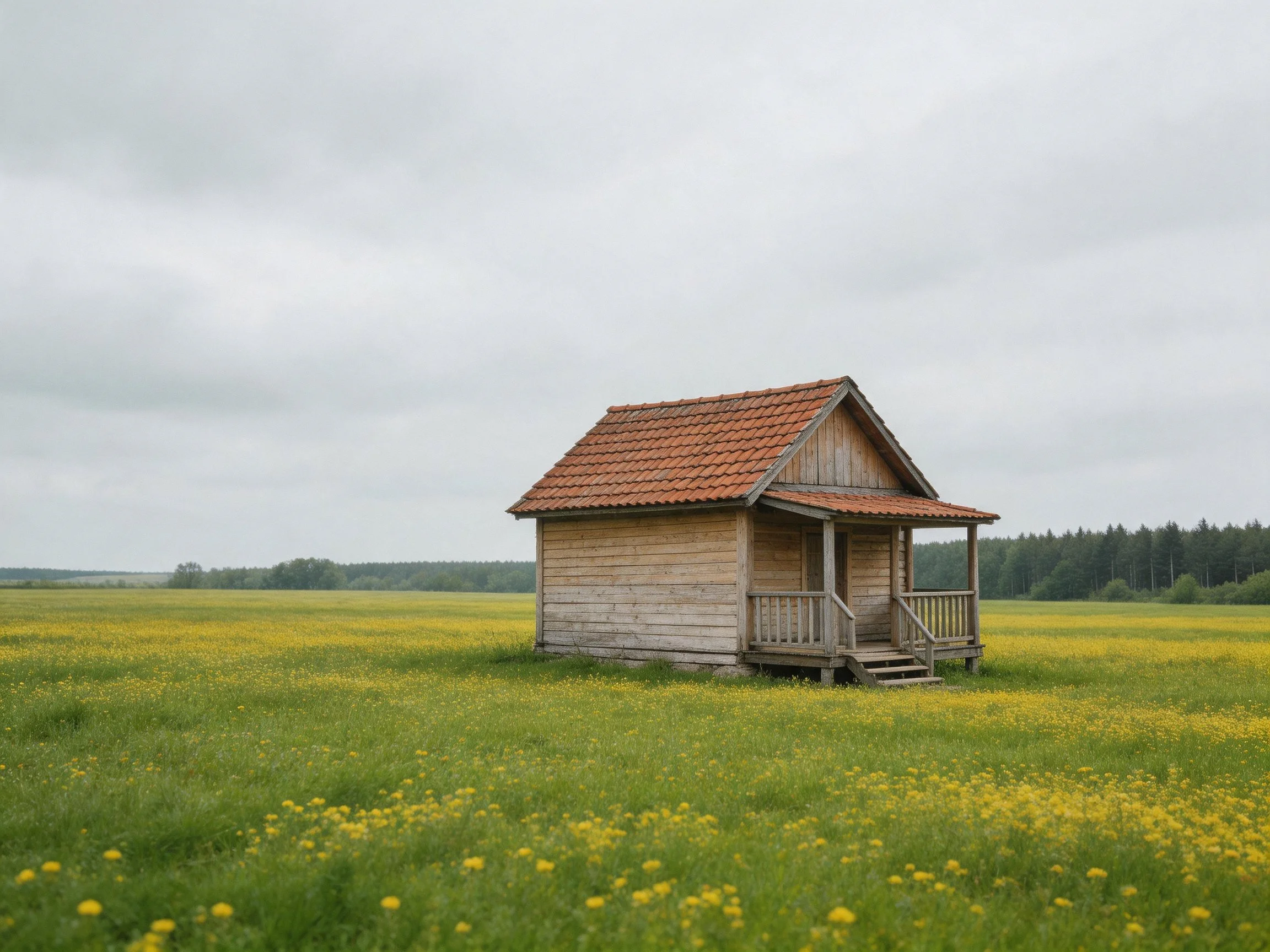 A weathered wooden cabin with red tile roof in a yellow-flowered meadow