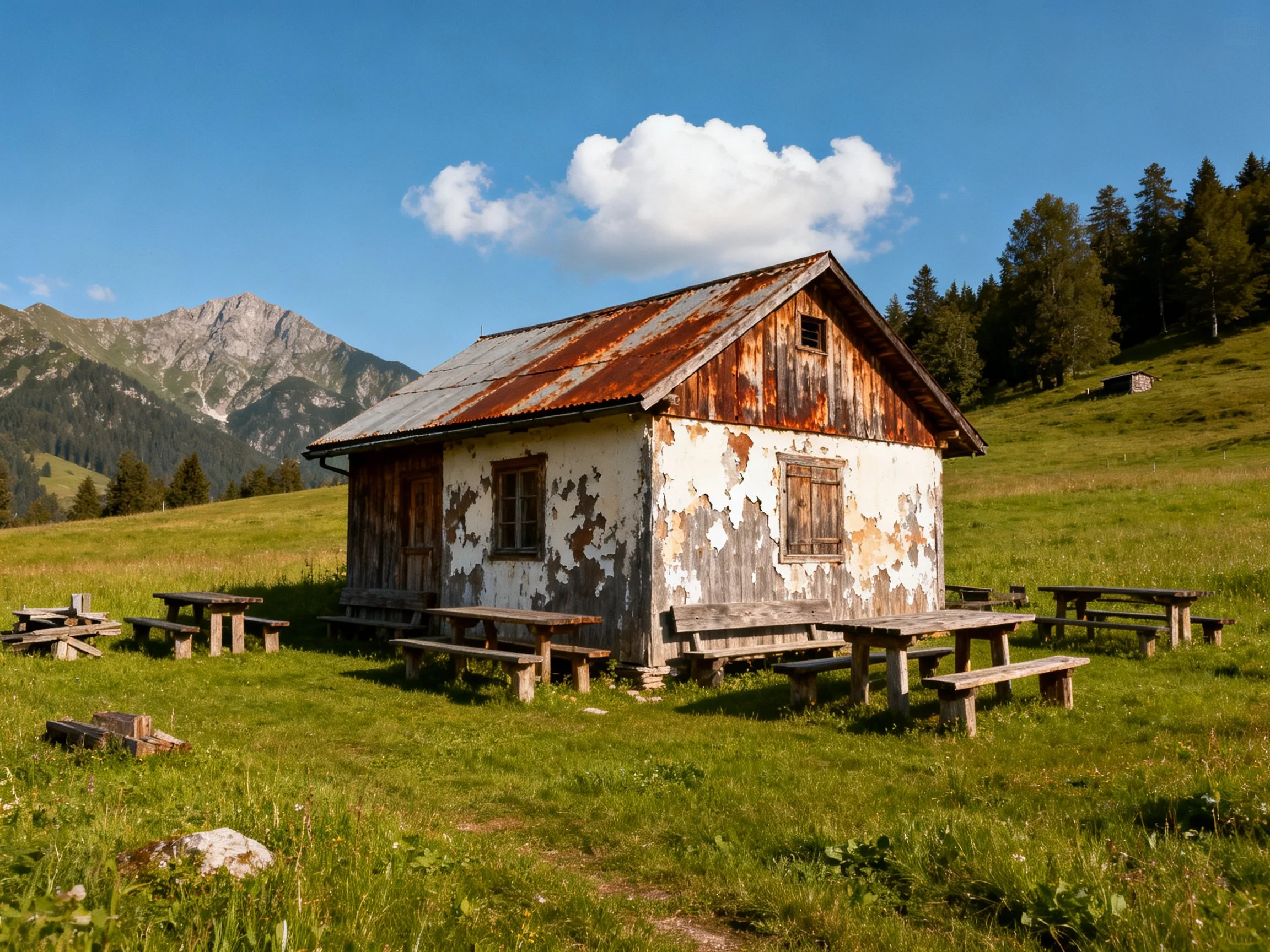 A weathered wooden cabin with rusted roof in a mountain meadow