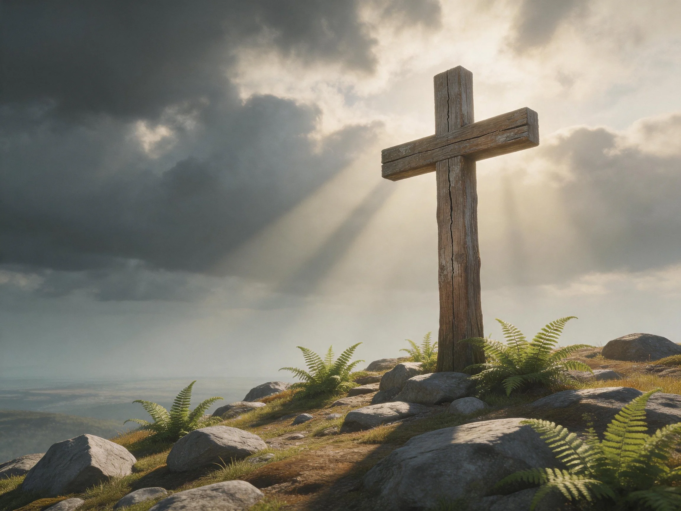 A weathered wooden cross atop a rocky hill under stormy clouds