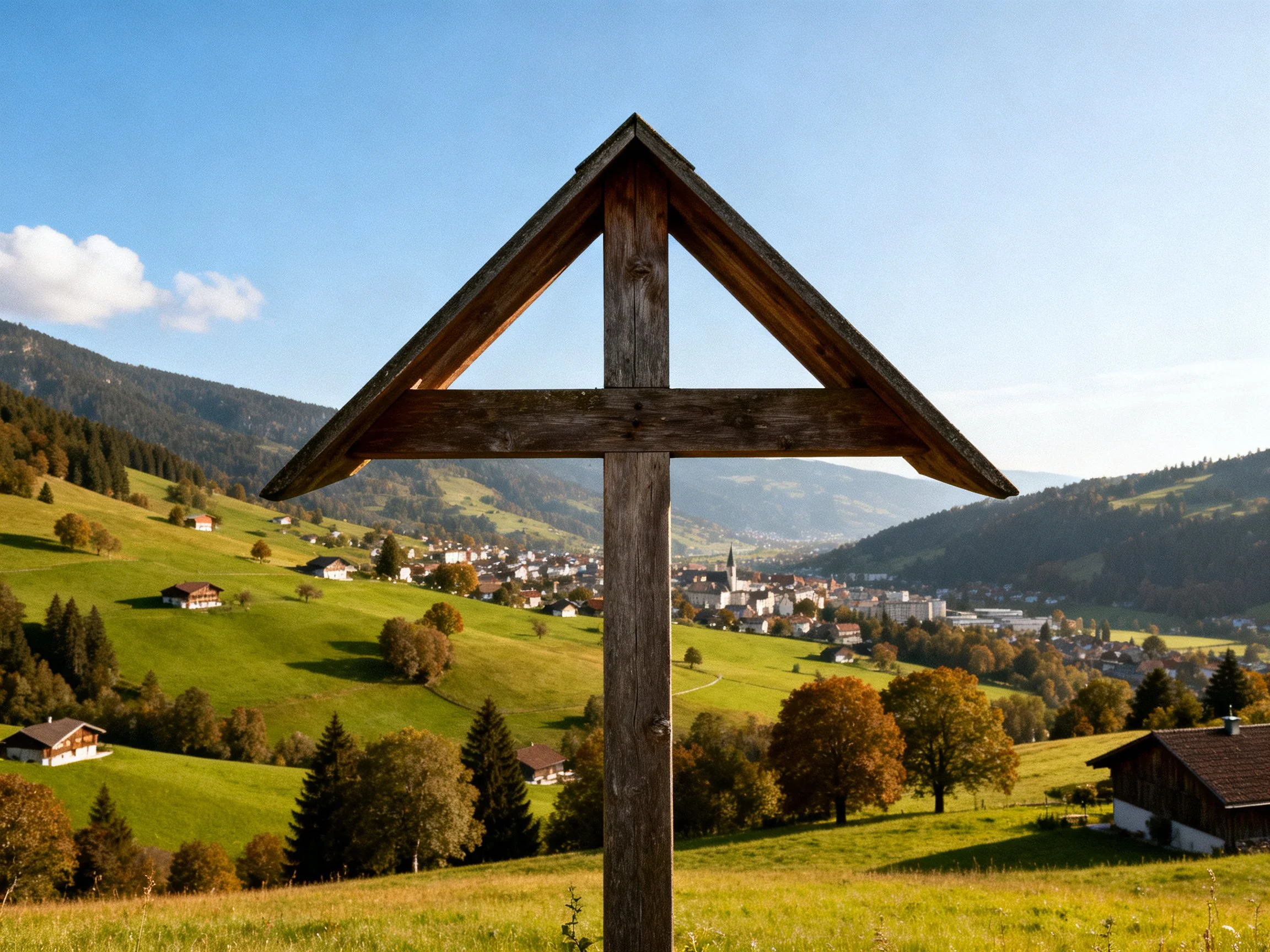 A weathered wooden cross overlooks a scenic valley with town and hills