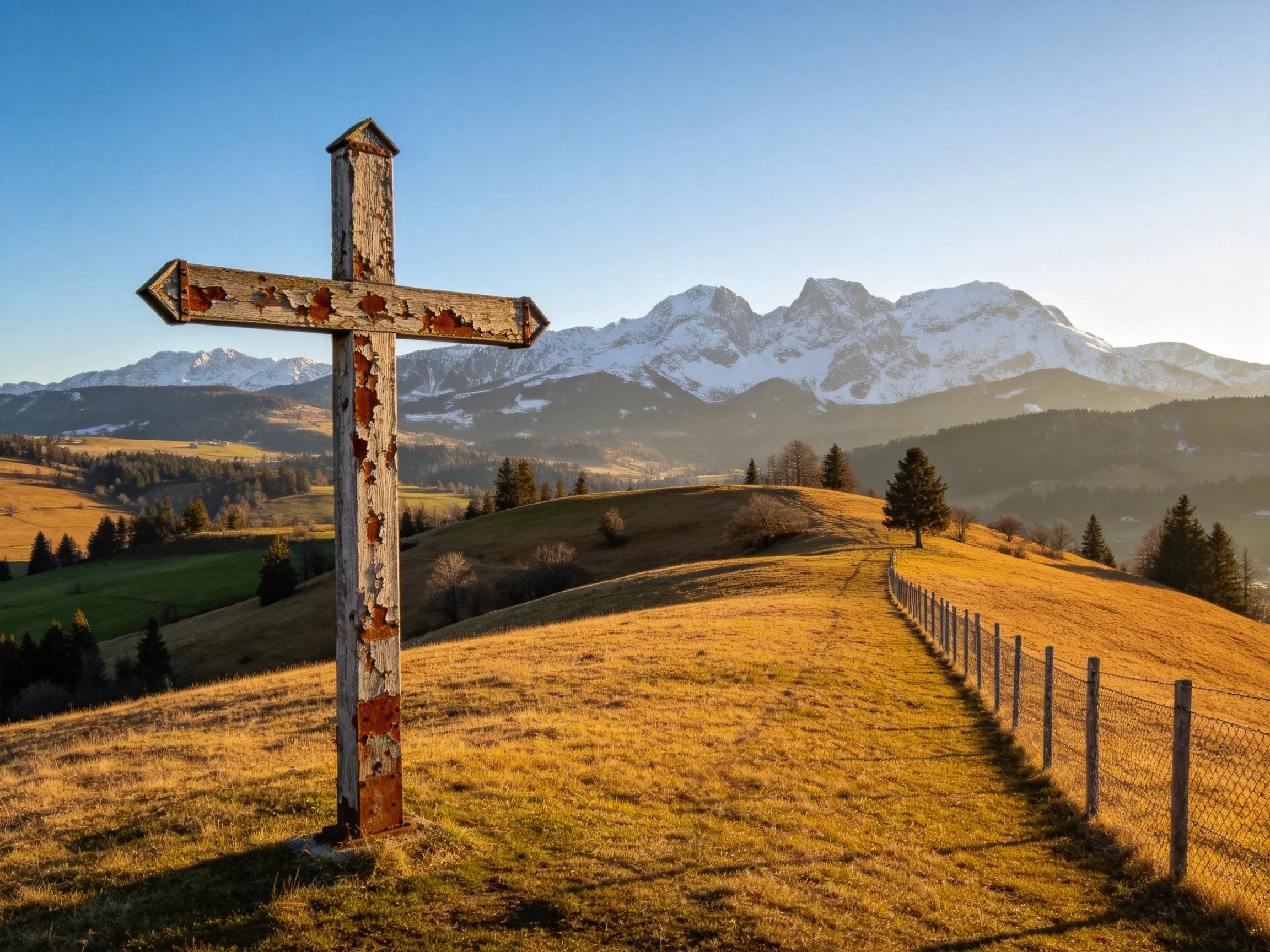 A weathered wooden cross stands on golden hills near snow-capped mountains
