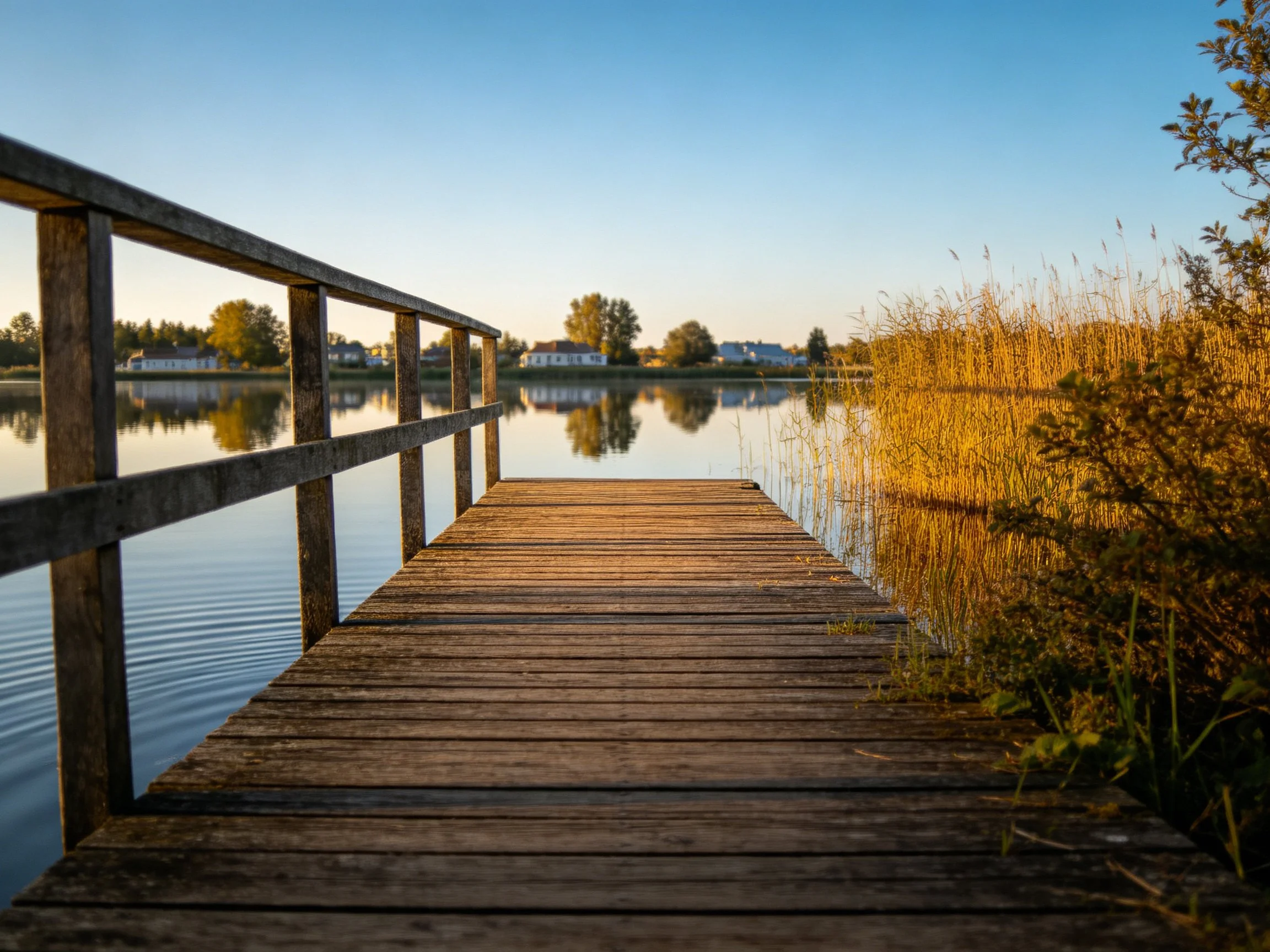 A weathered wooden dock extending over calm waters