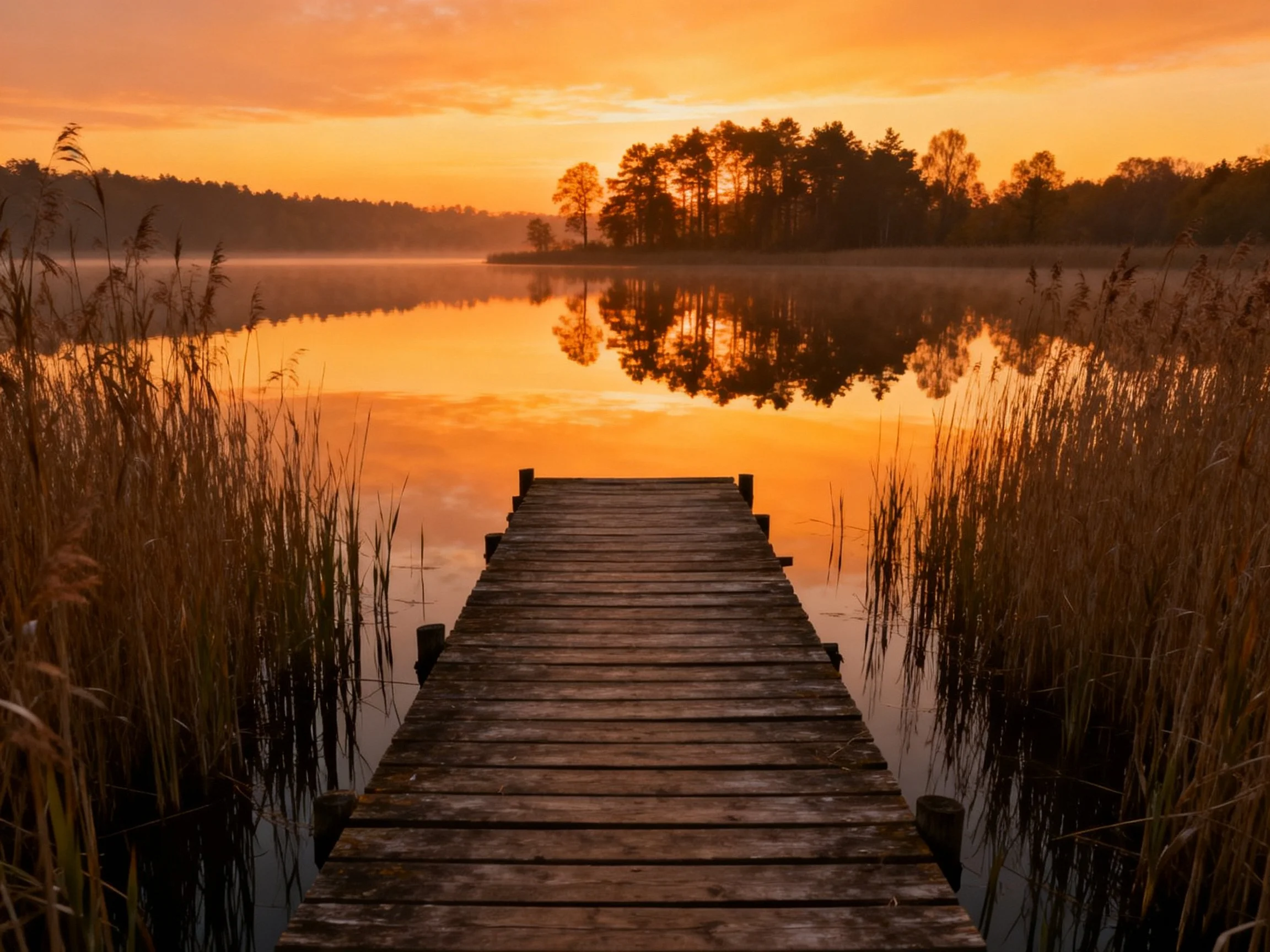 A weathered wooden dock extends into a golden-hued lake at sunset