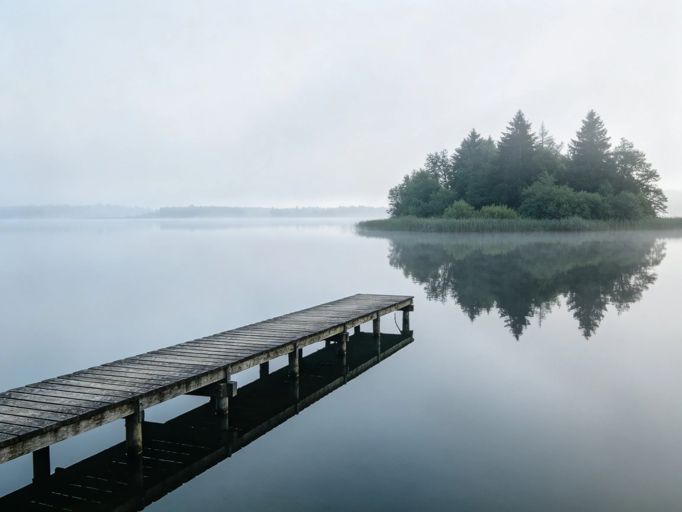 A weathered wooden dock extends into a mist-shrouded lake with a forested island