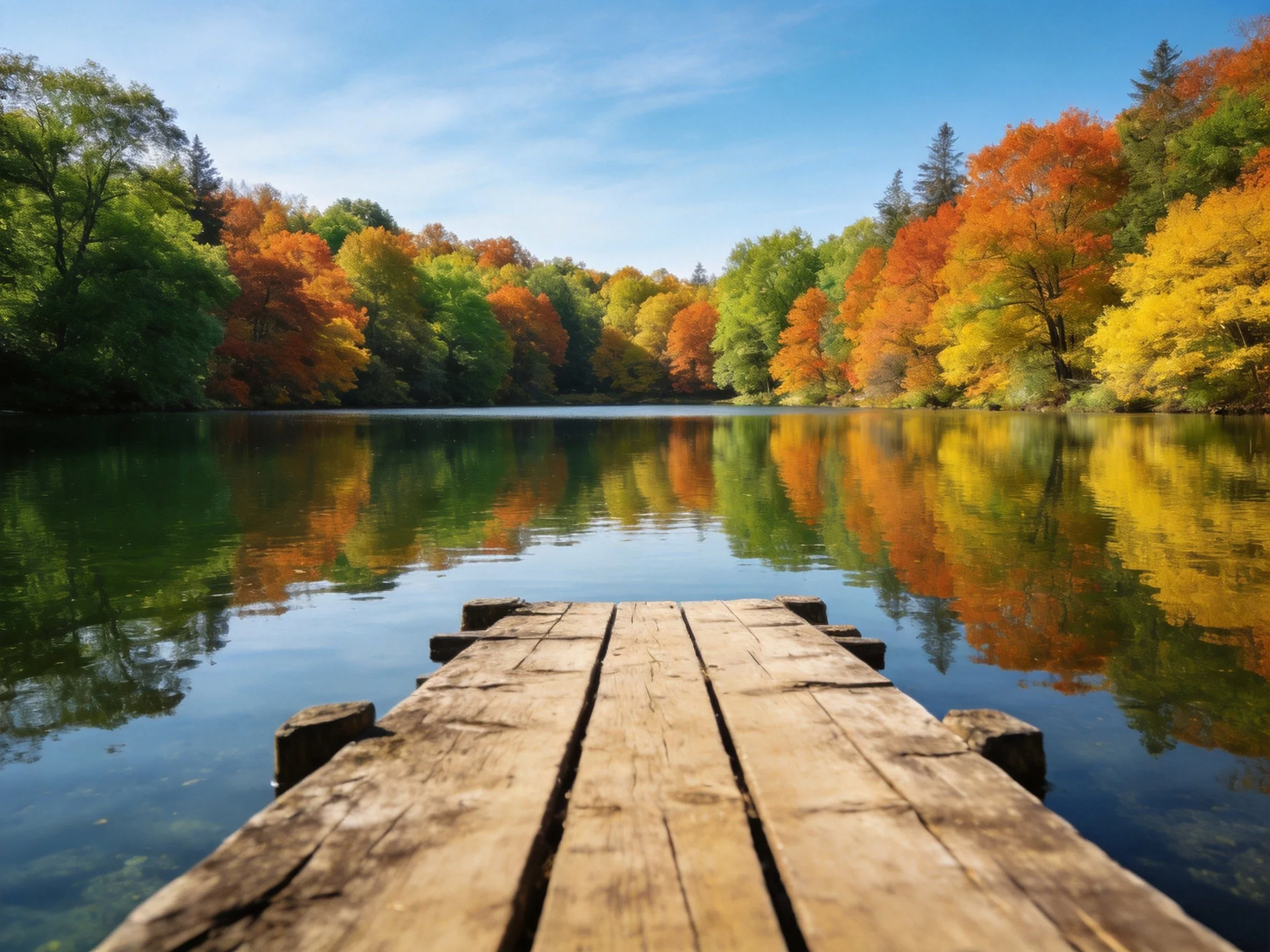 A weathered wooden dock extends over a calm lake with vibrant fall foliage