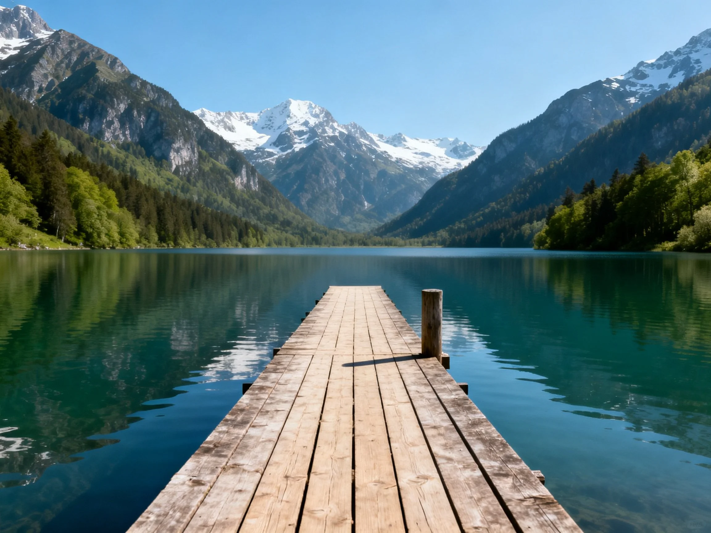 A weathered wooden dock extends over a turquoise mountain lake