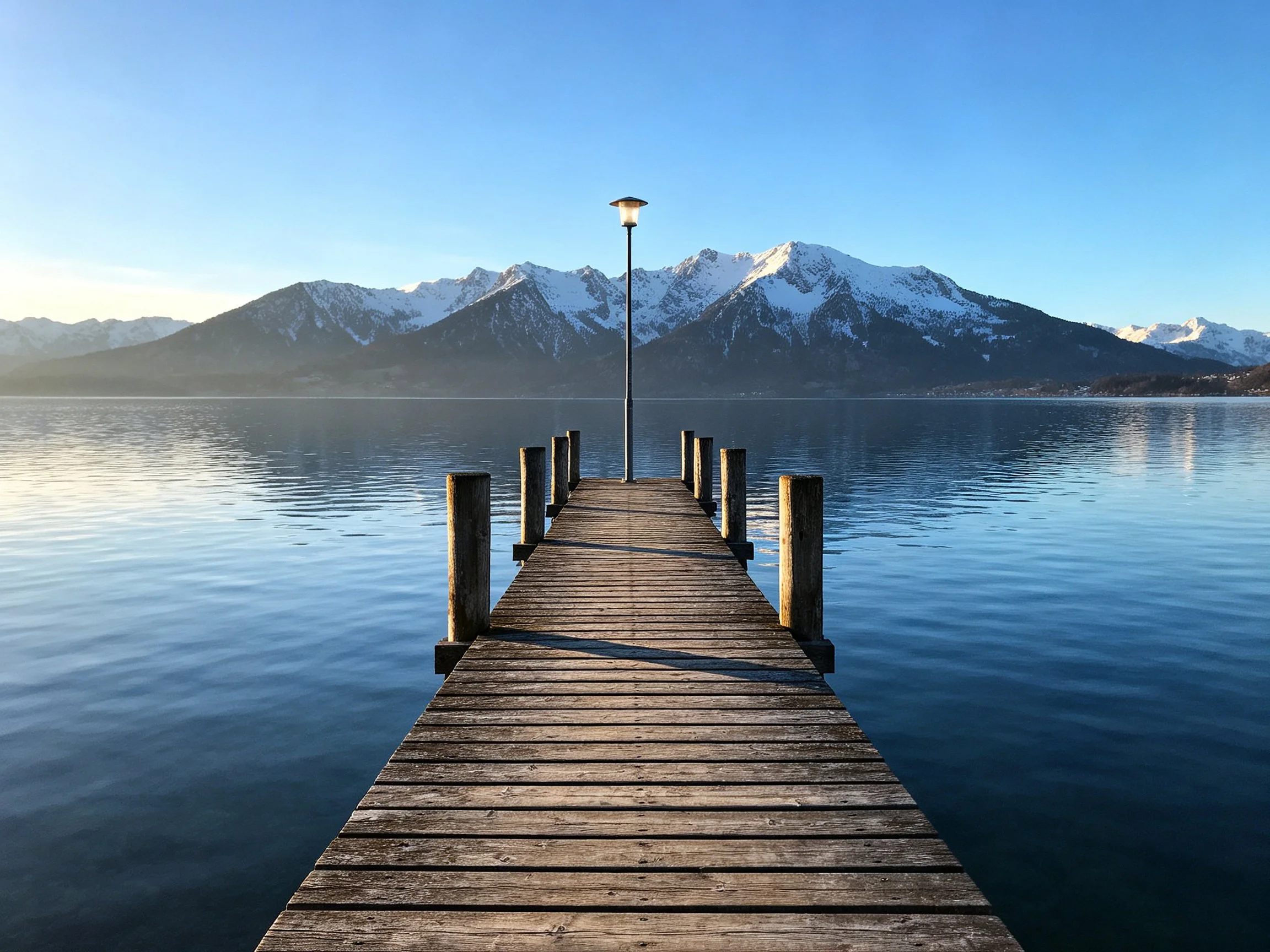 A weathered wooden dock extends toward snow - covered mountain range over tranquil water.