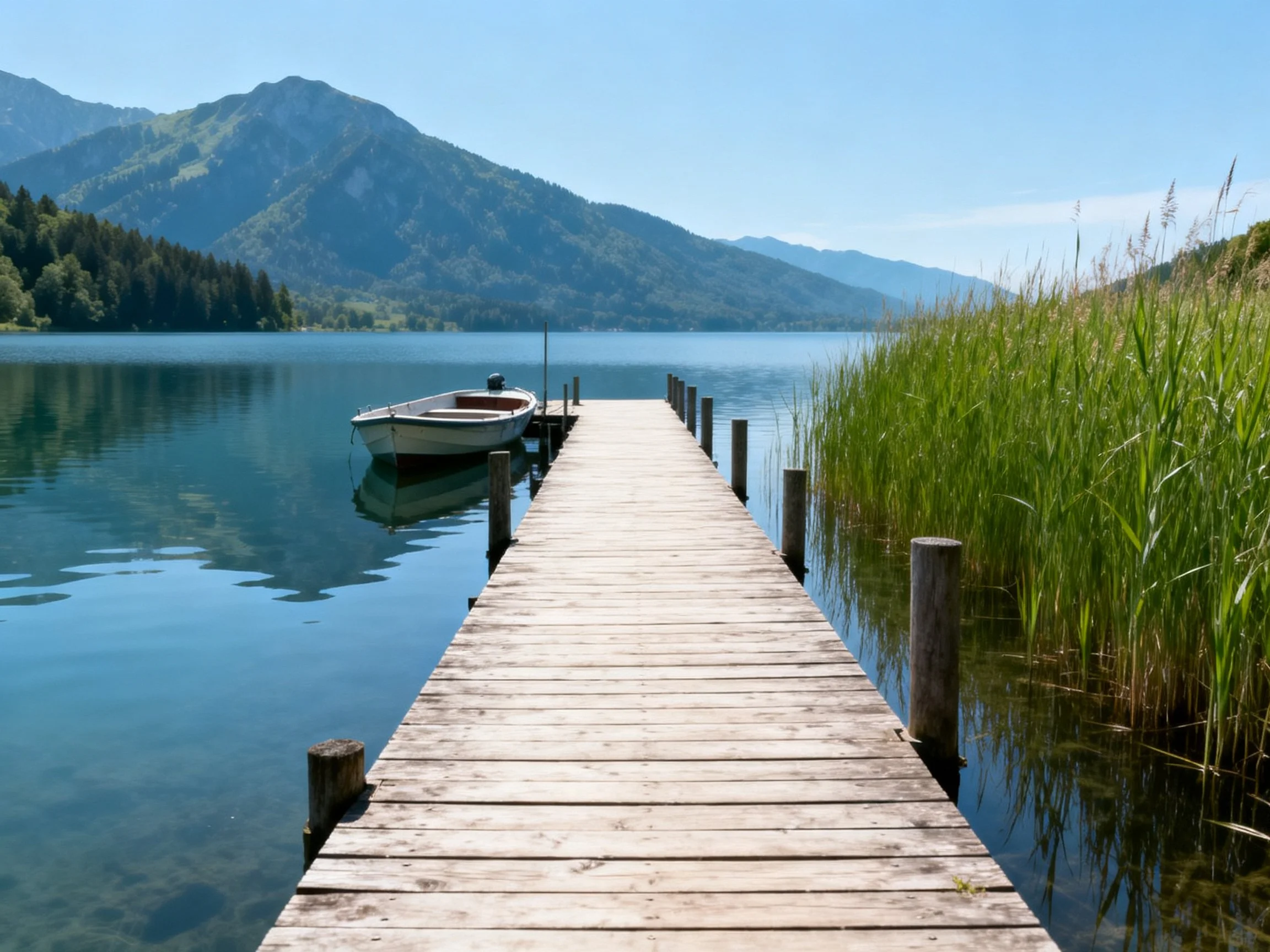 A weathered wooden dock stretches over a calm lake with a small boat