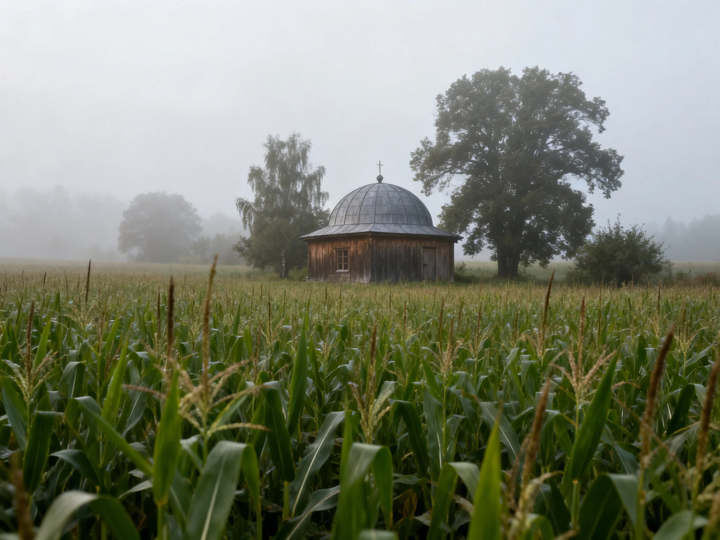 A weathered wooden domed structure in a foggy cornfield near large trees
