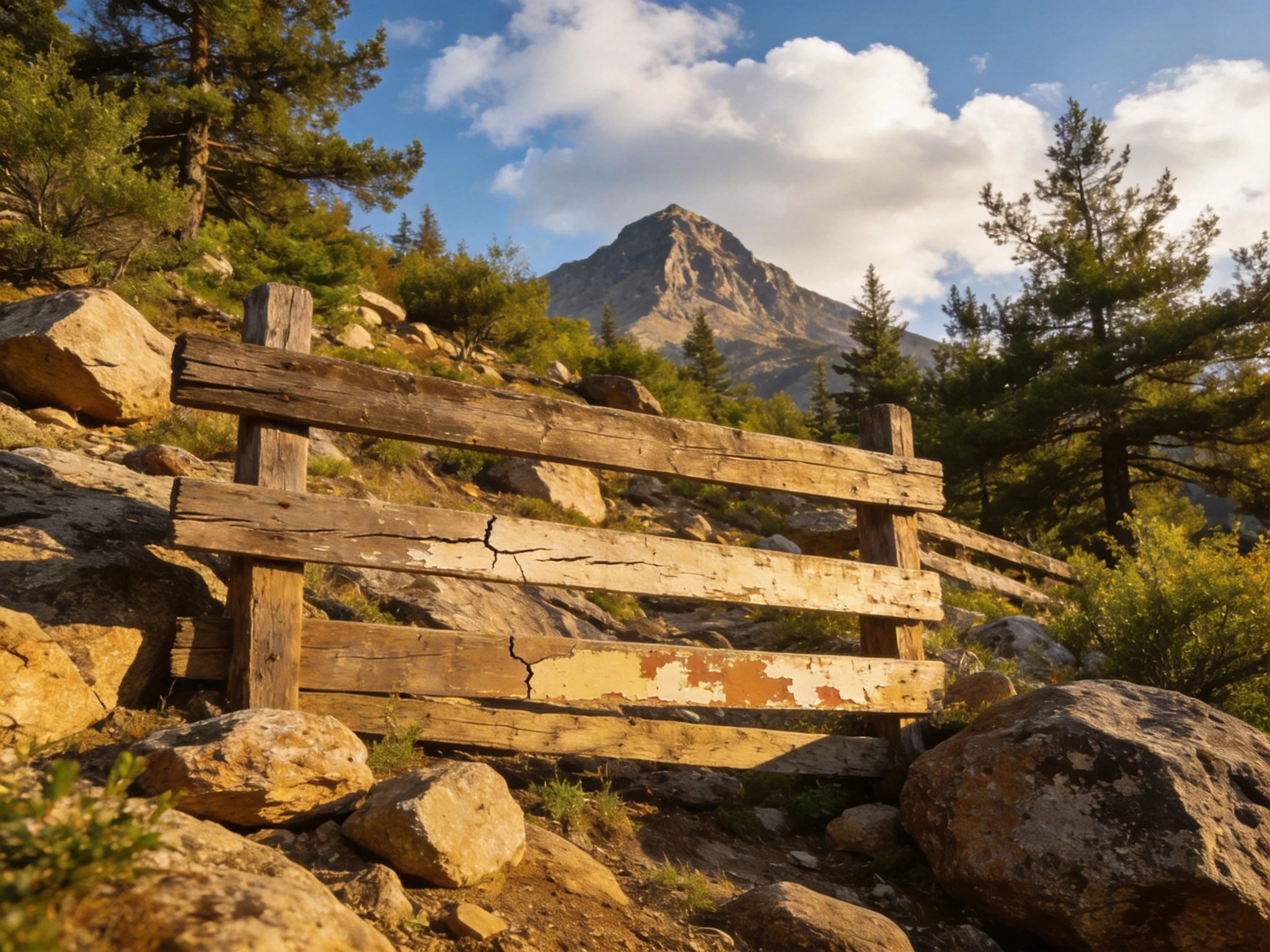 A weathered wooden fence near rocky mountain terrain