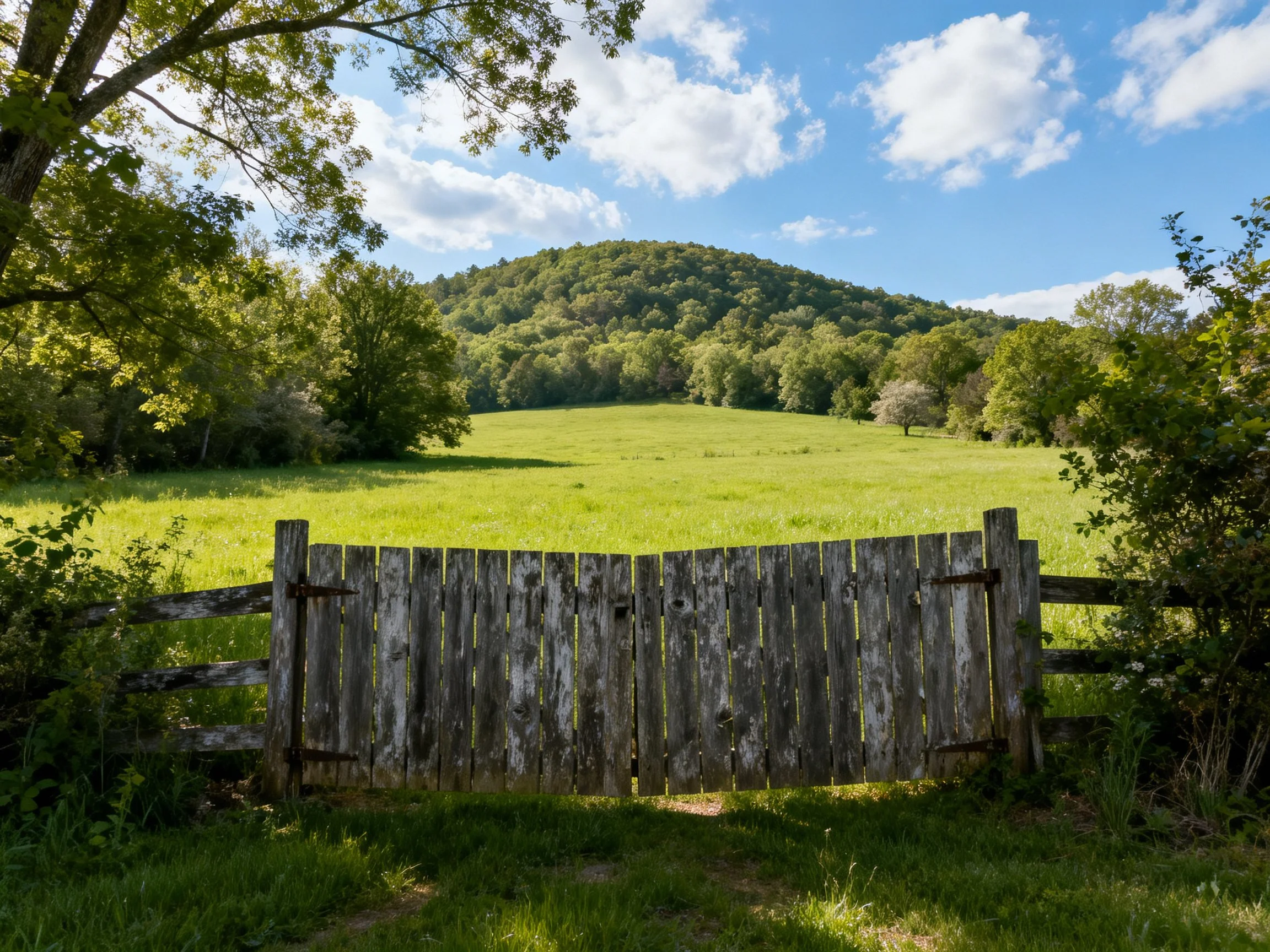 A weathered wooden gate guards a verdant meadow with forested hills
