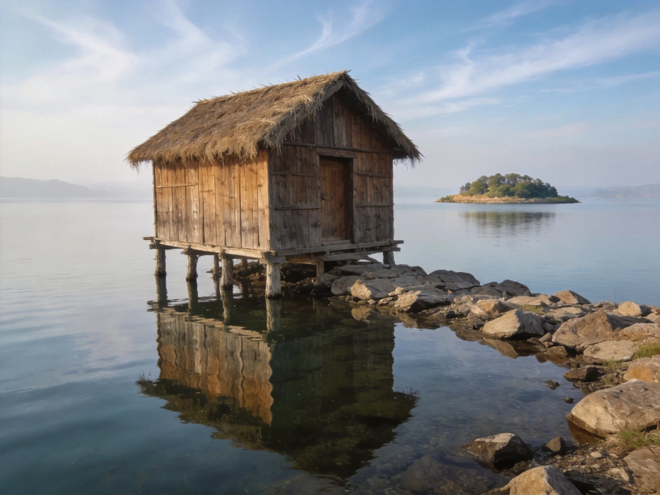 A weathered wooden hut on stilts over calm water near rocky shore