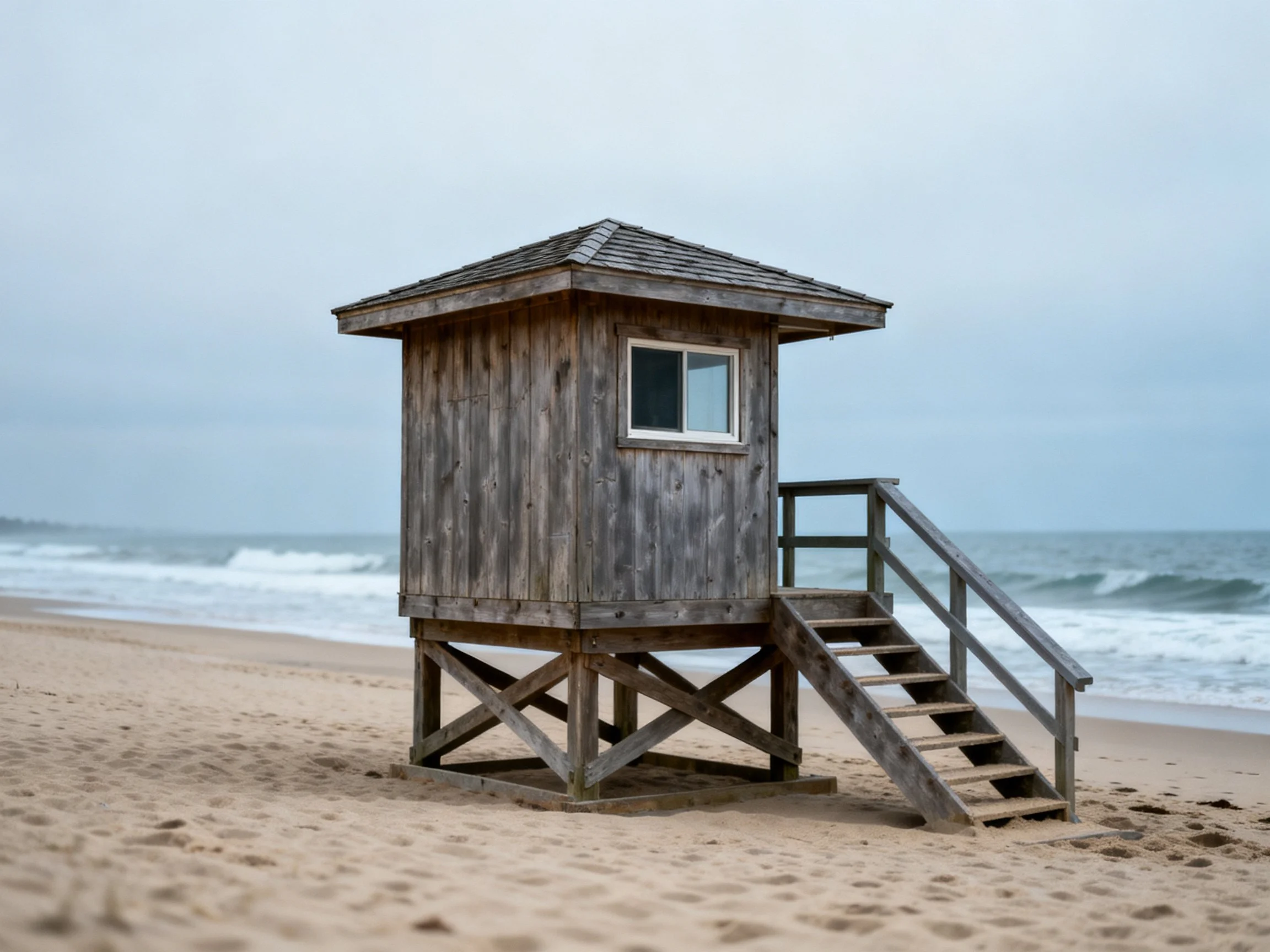 A weathered wooden lifeguard hut on a sandy beach
