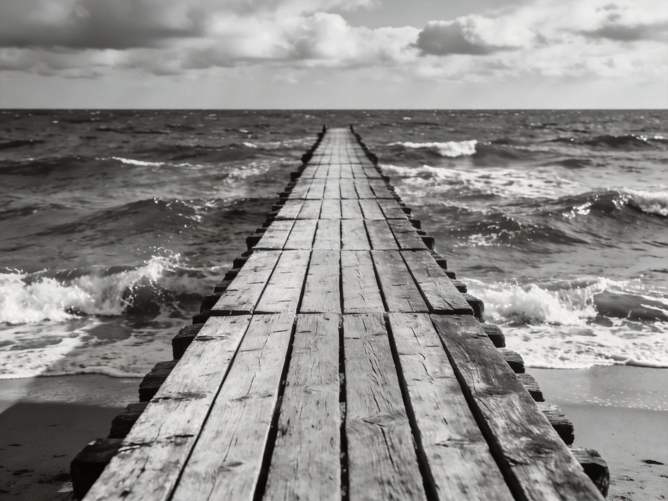 A weathered wooden pier extends into churning ocean waters
