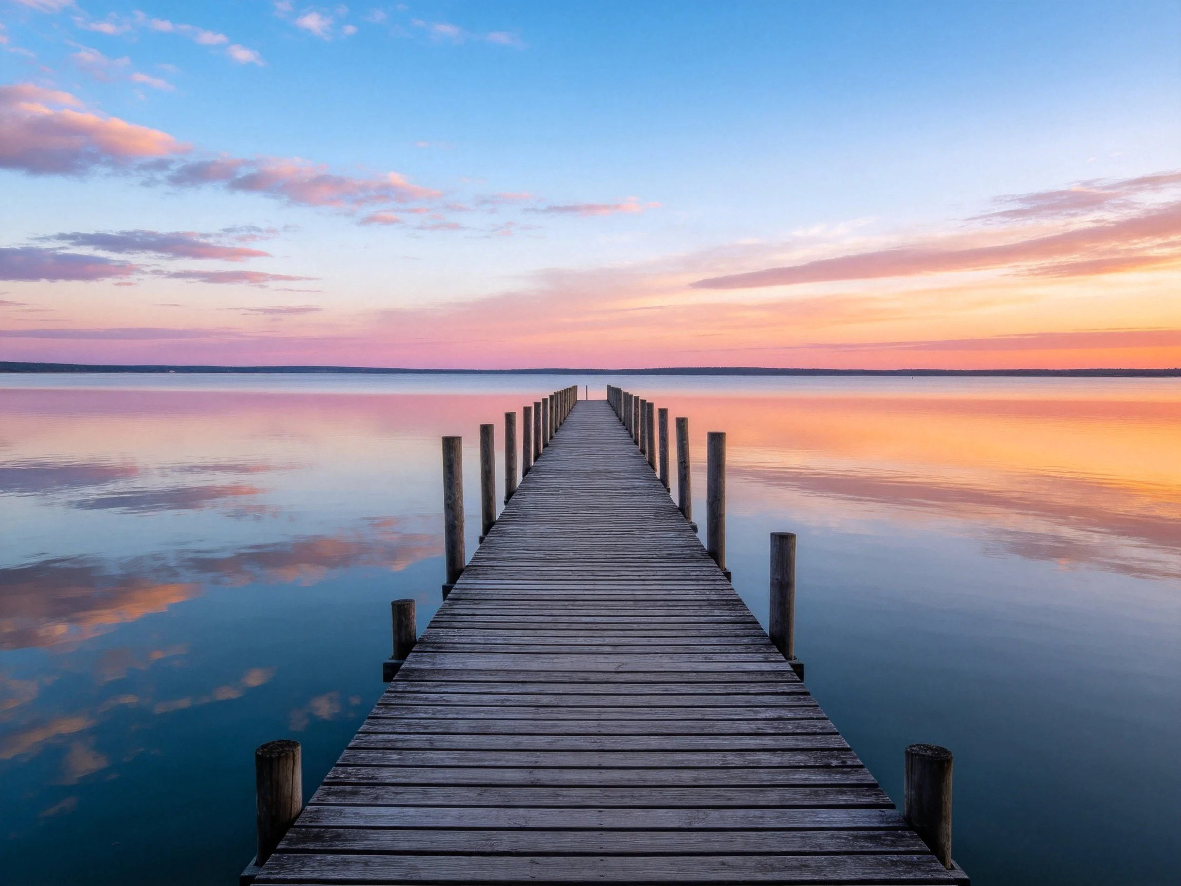 A weathered wooden pier extends over calm water under vibrant sunset skies