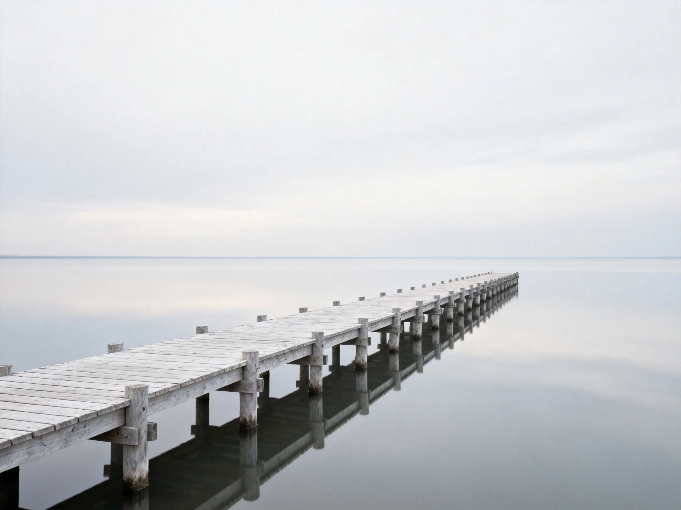 A weathered wooden pier stretches into calm gray water under an overcast sky