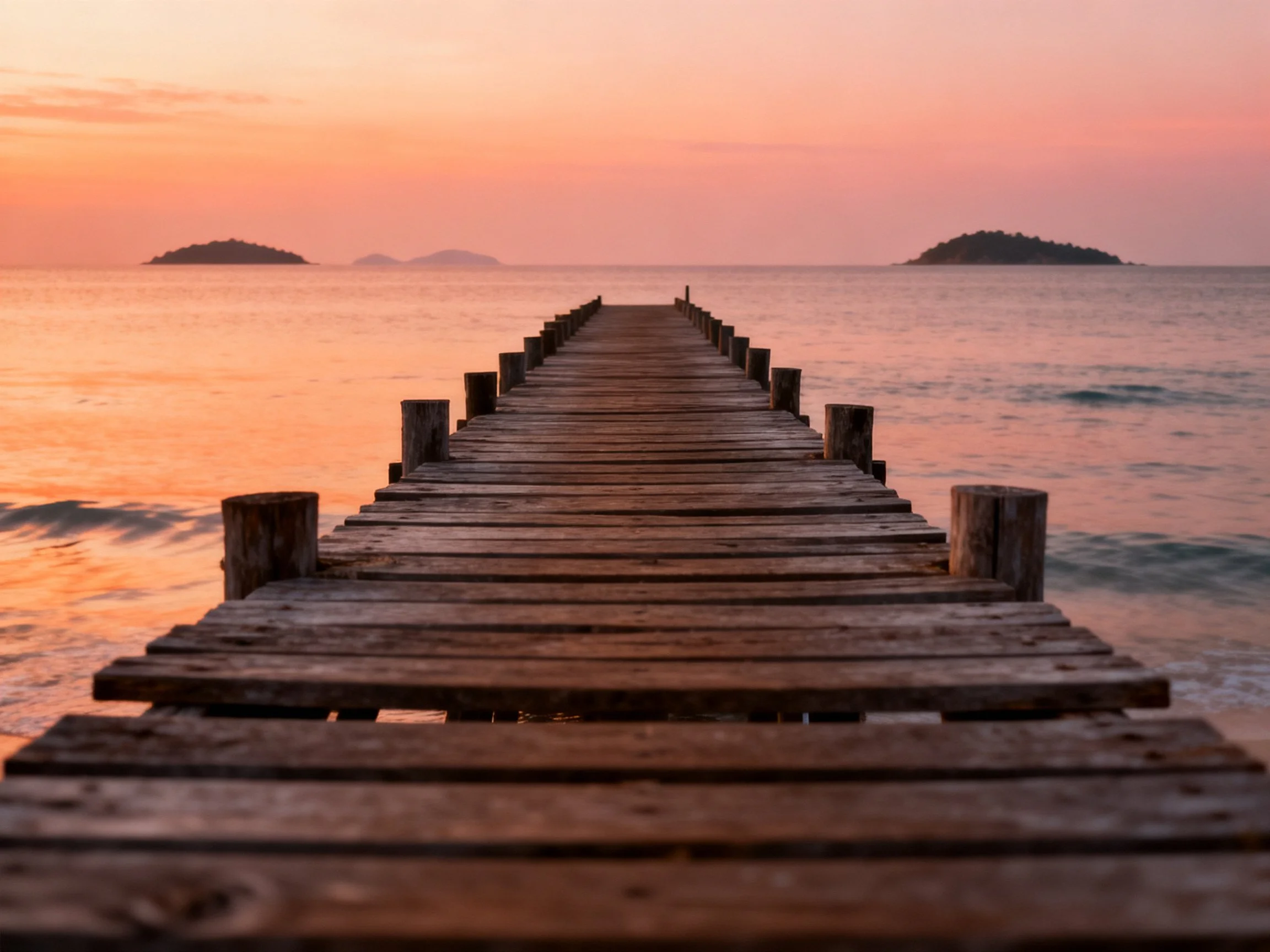 A weathered wooden pier stretches toward distant islands at sunset