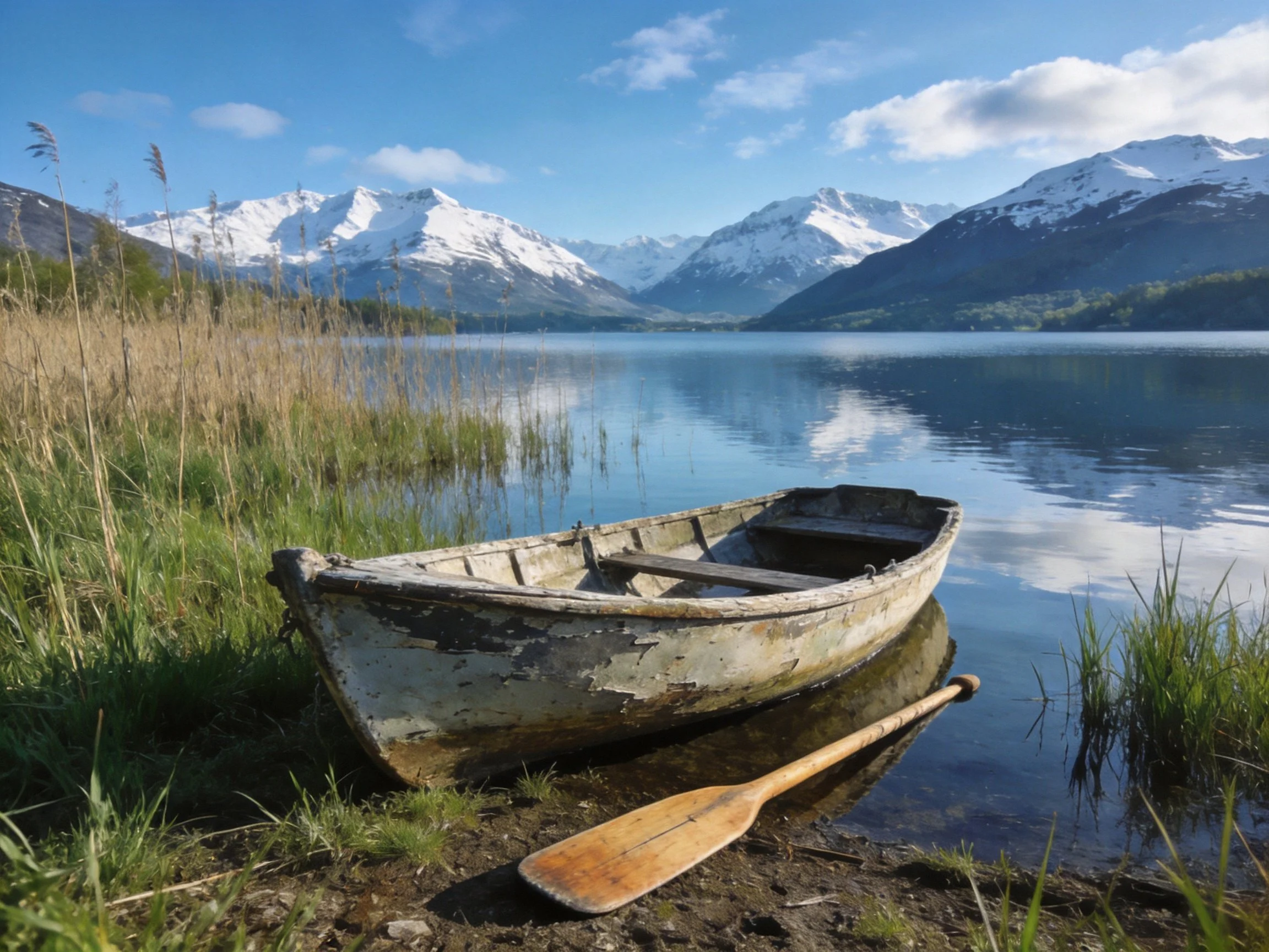 A weathered wooden rowboat rests by a calm lake with snow-capped mountains