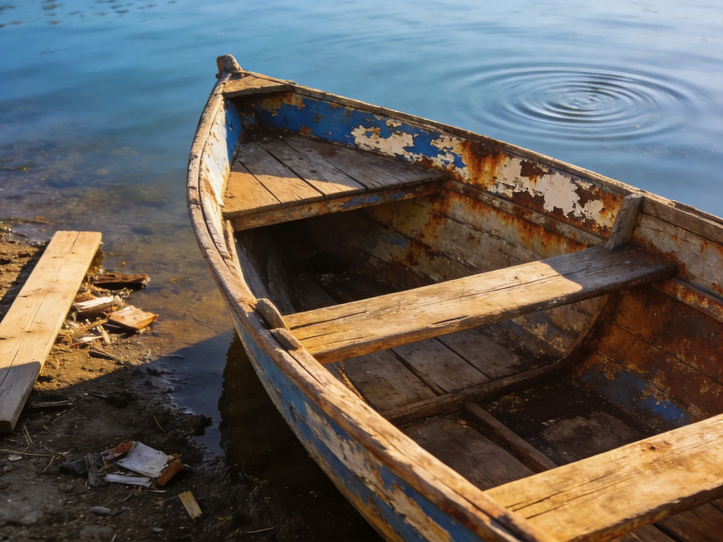 A weathered wooden rowboat with peeling blue paint near calm water