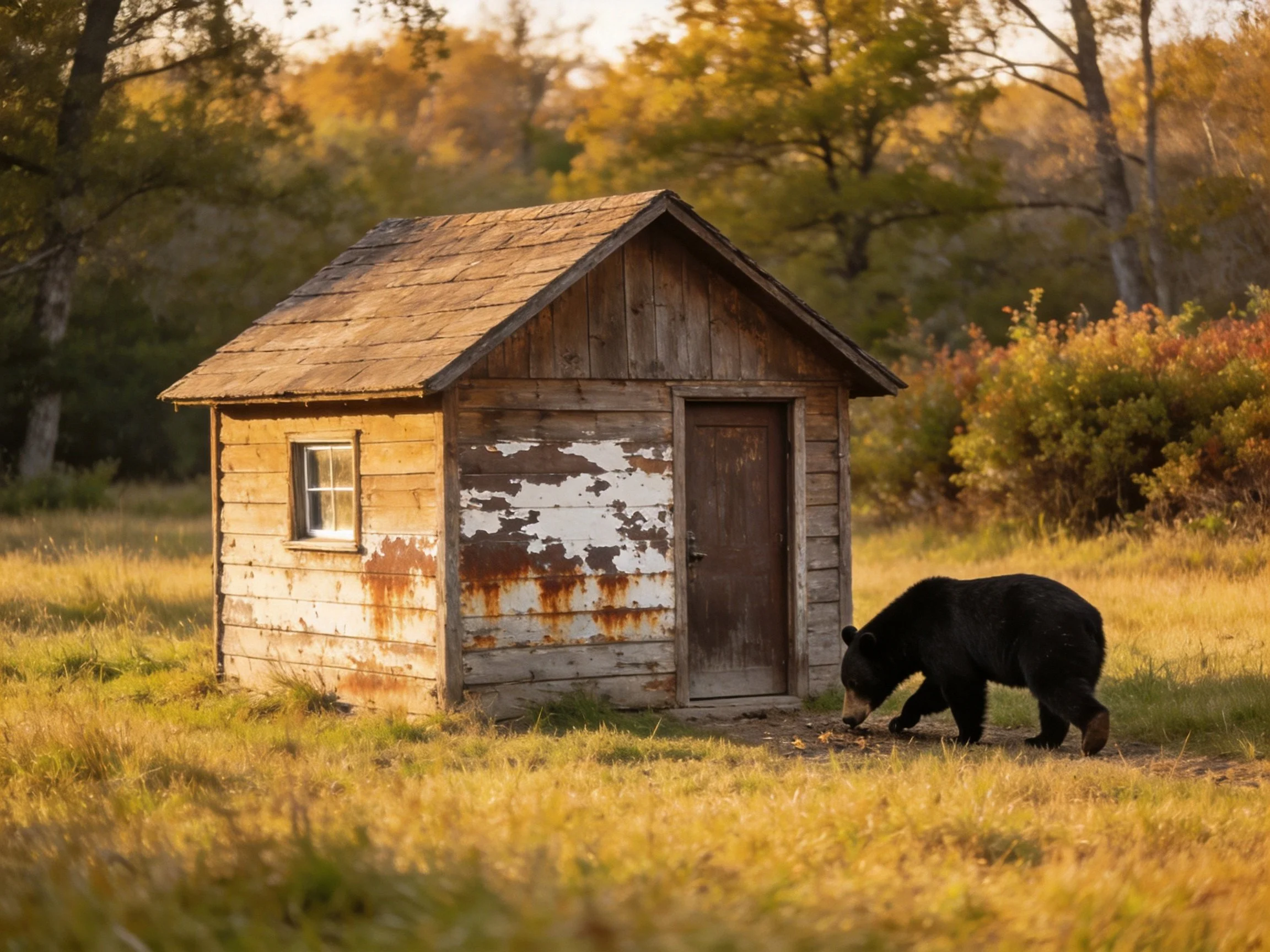 A weathered wooden shed beside a black bear in golden fields